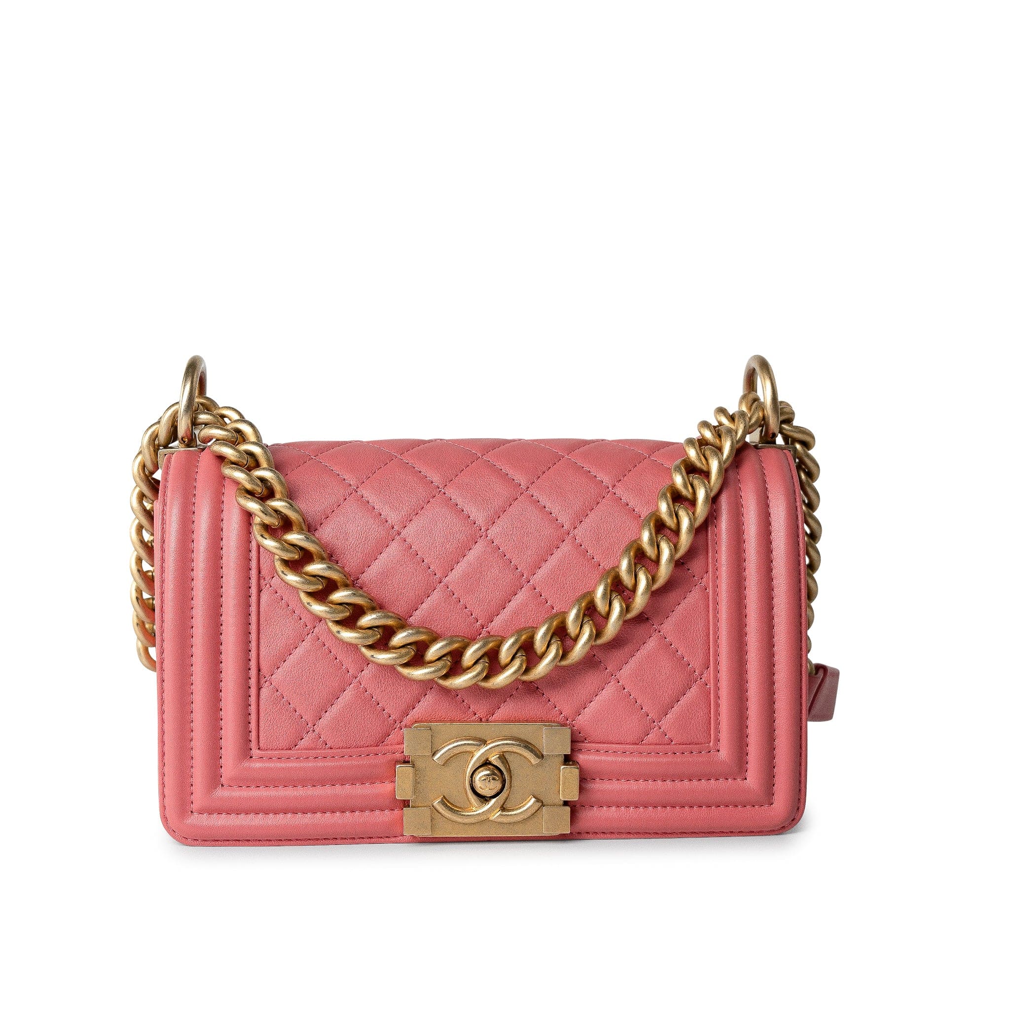 CHANEL Handbag Pink Pink Lambskin Quilted Small Boy Bag Aged Gold Hardware - Redeluxe
