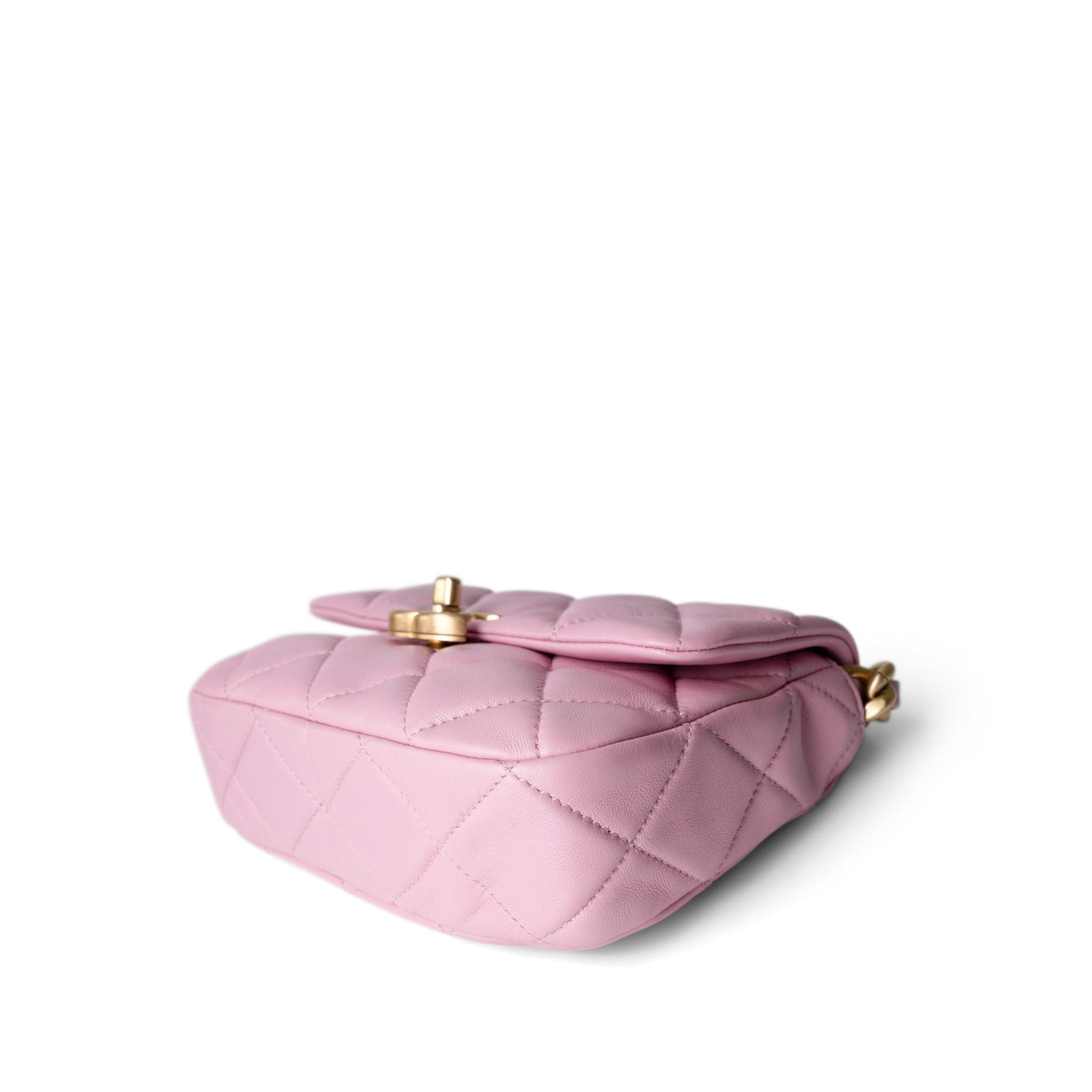 CHANEL Handbag Pink Pink Mini Lacquered Chain Lambskin Quilted Flap Aged Gold Hardware - Redeluxe
