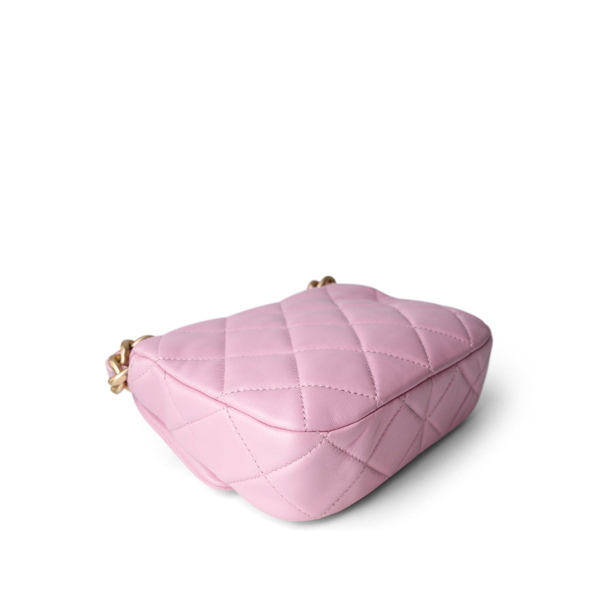 CHANEL Handbag Pink Pink Mini Lacquered Chain Lambskin Quilted Flap Aged Gold Hardware - Redeluxe