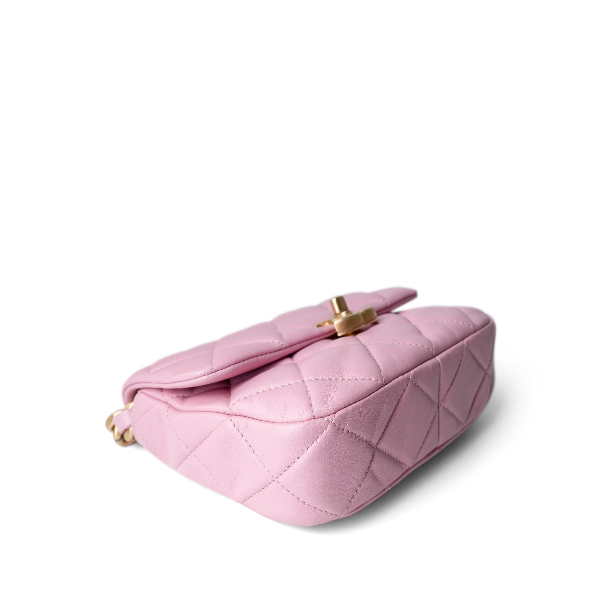CHANEL Handbag Pink Pink Mini Lacquered Chain Lambskin Quilted Flap Aged Gold Hardware - Redeluxe