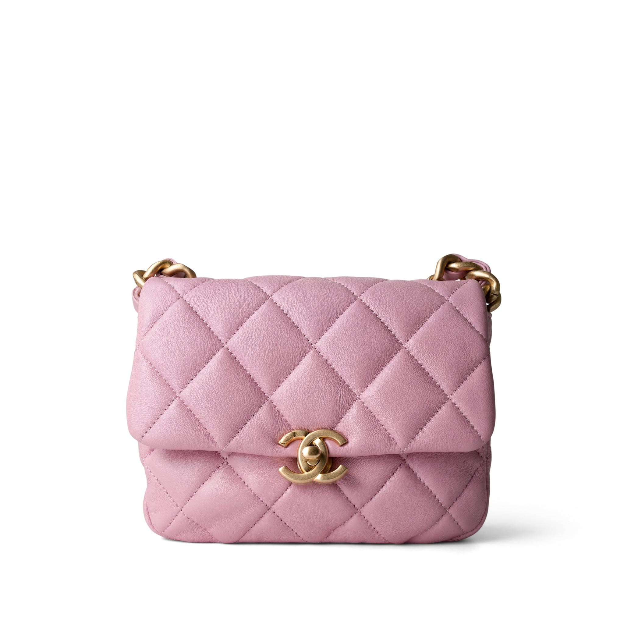 CHANEL Handbag Pink Pink Mini Lacquered Chain Lambskin Quilted Flap Aged Gold Hardware - Redeluxe