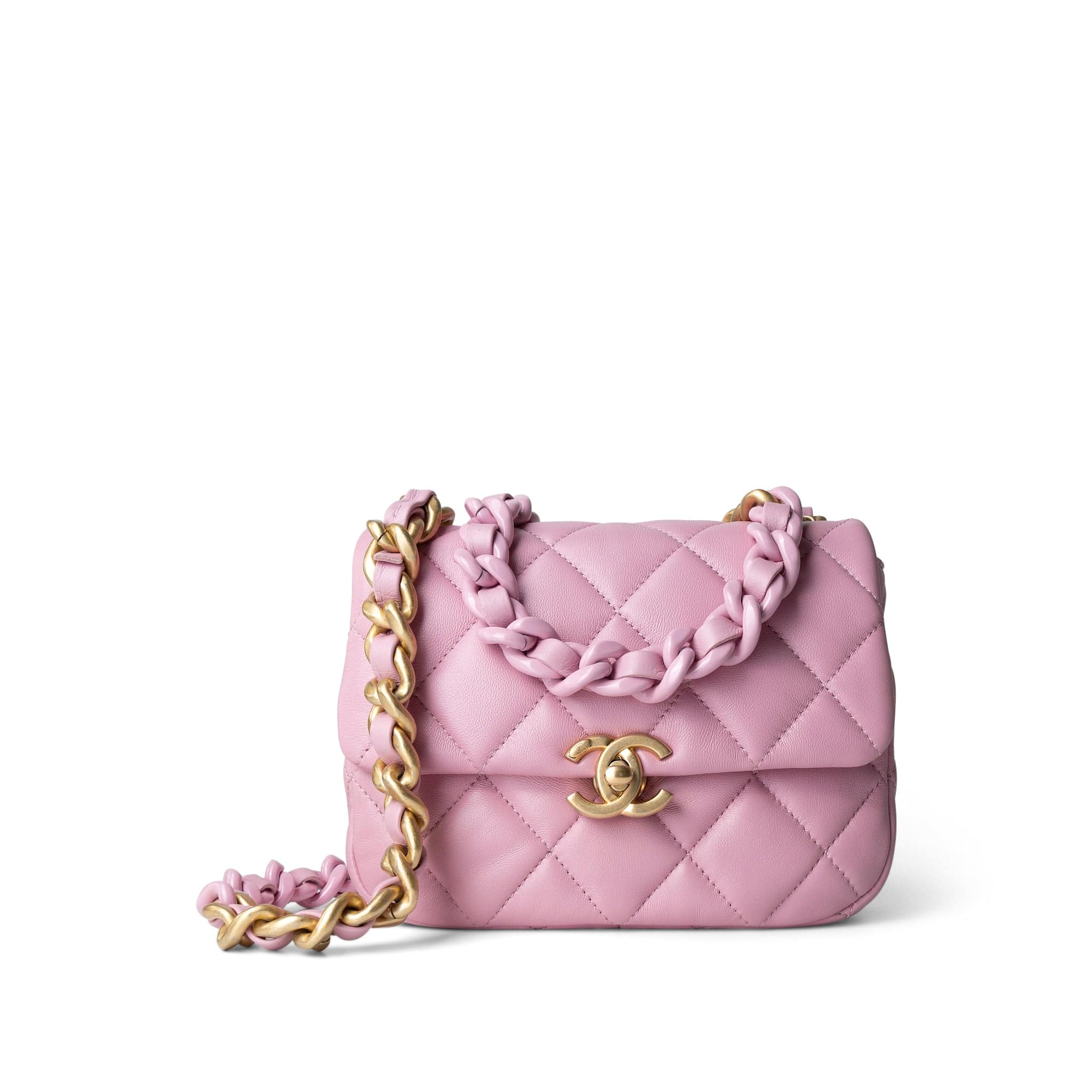 CHANEL Handbag Pink Pink Mini Lacquered Chain Lambskin Quilted Flap Aged Gold Hardware - Redeluxe