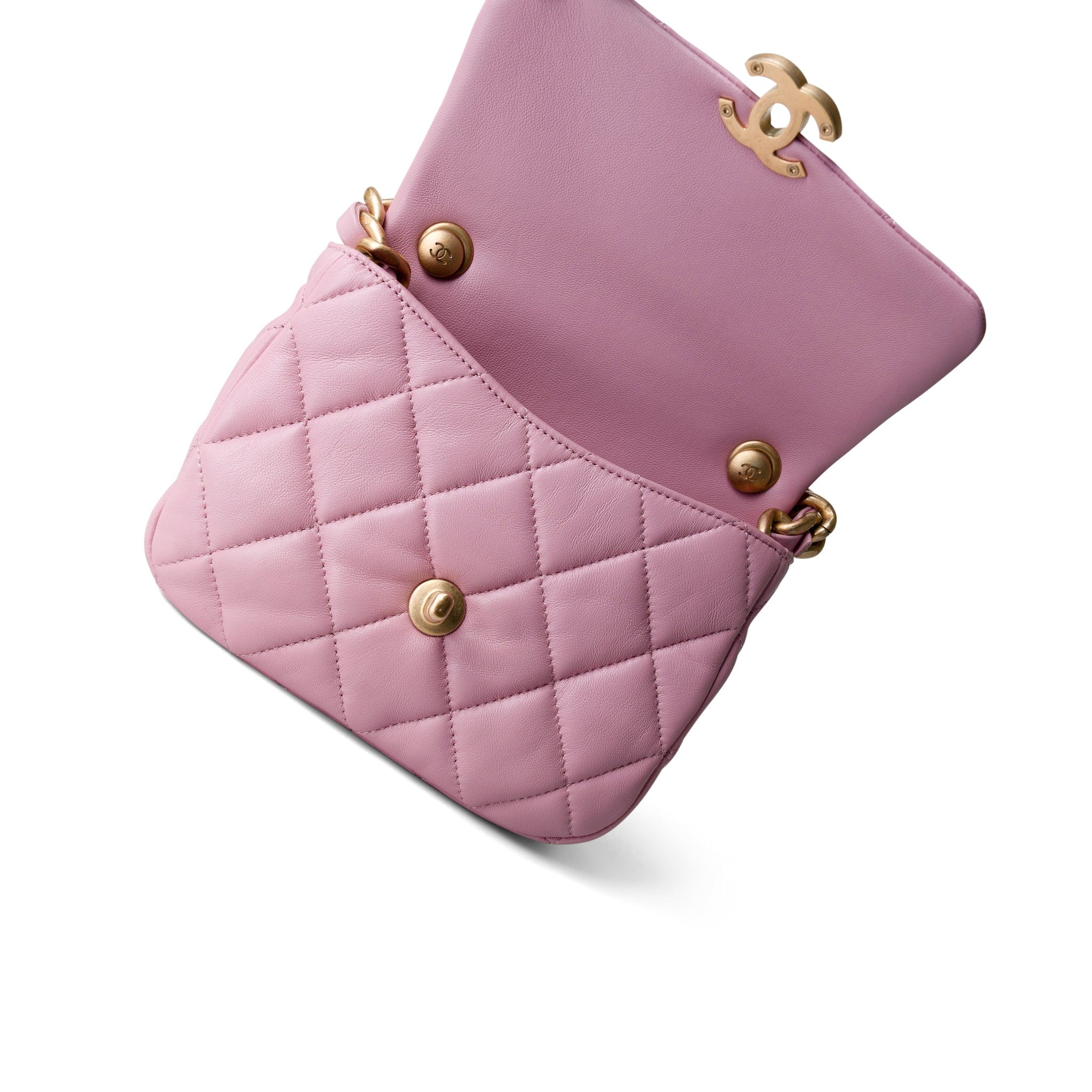 CHANEL Handbag Pink Pink Mini Lacquered Chain Lambskin Quilted Flap Aged Gold Hardware - Redeluxe