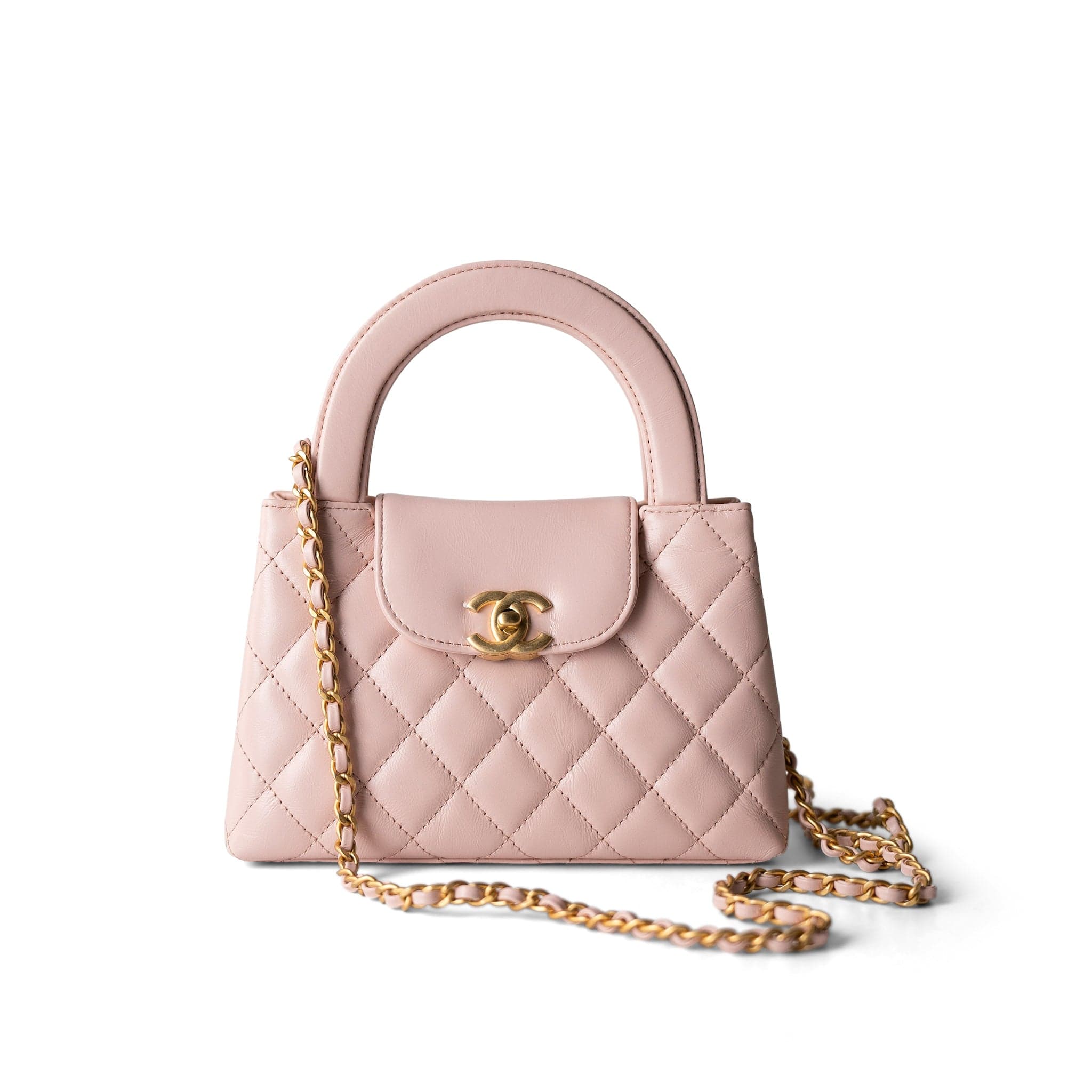 CHANEL Handbag Pink Shiny Aged Calfskin Quilted Nano Kelly Shopper Light Pink - Redeluxe