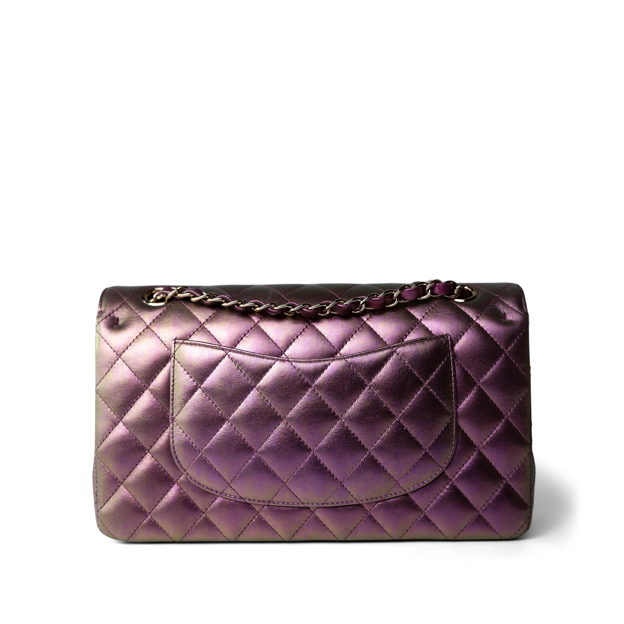 CHANEL Handbag Purple 20B Iridescent Purple Calfskin Quilted Classic Flap Light Gold Hardware - Redeluxe