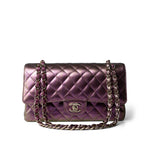 CHANEL Handbag Purple 20B Iridescent Purple Calfskin Quilted Classic Flap Light Gold Hardware - Redeluxe