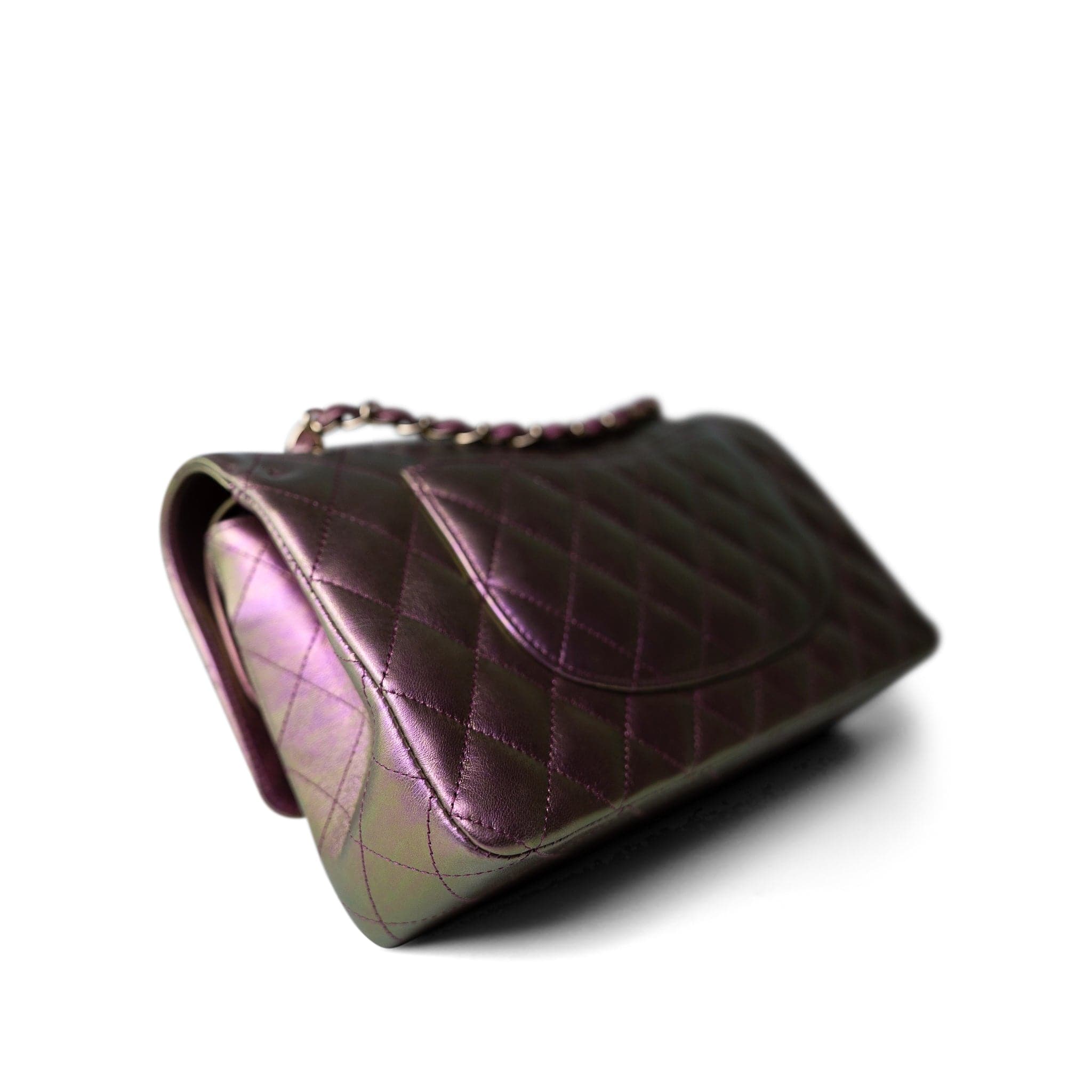 CHANEL Handbag Purple 20B Iridescent Purple Calfskin Quilted Classic Flap Light Gold Hardware - Redeluxe