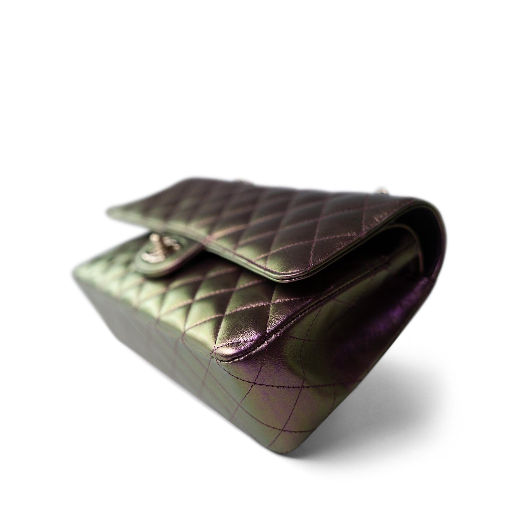 CHANEL Handbag Purple 20B Iridescent Purple Calfskin Quilted Classic Flap Light Gold Hardware - Redeluxe