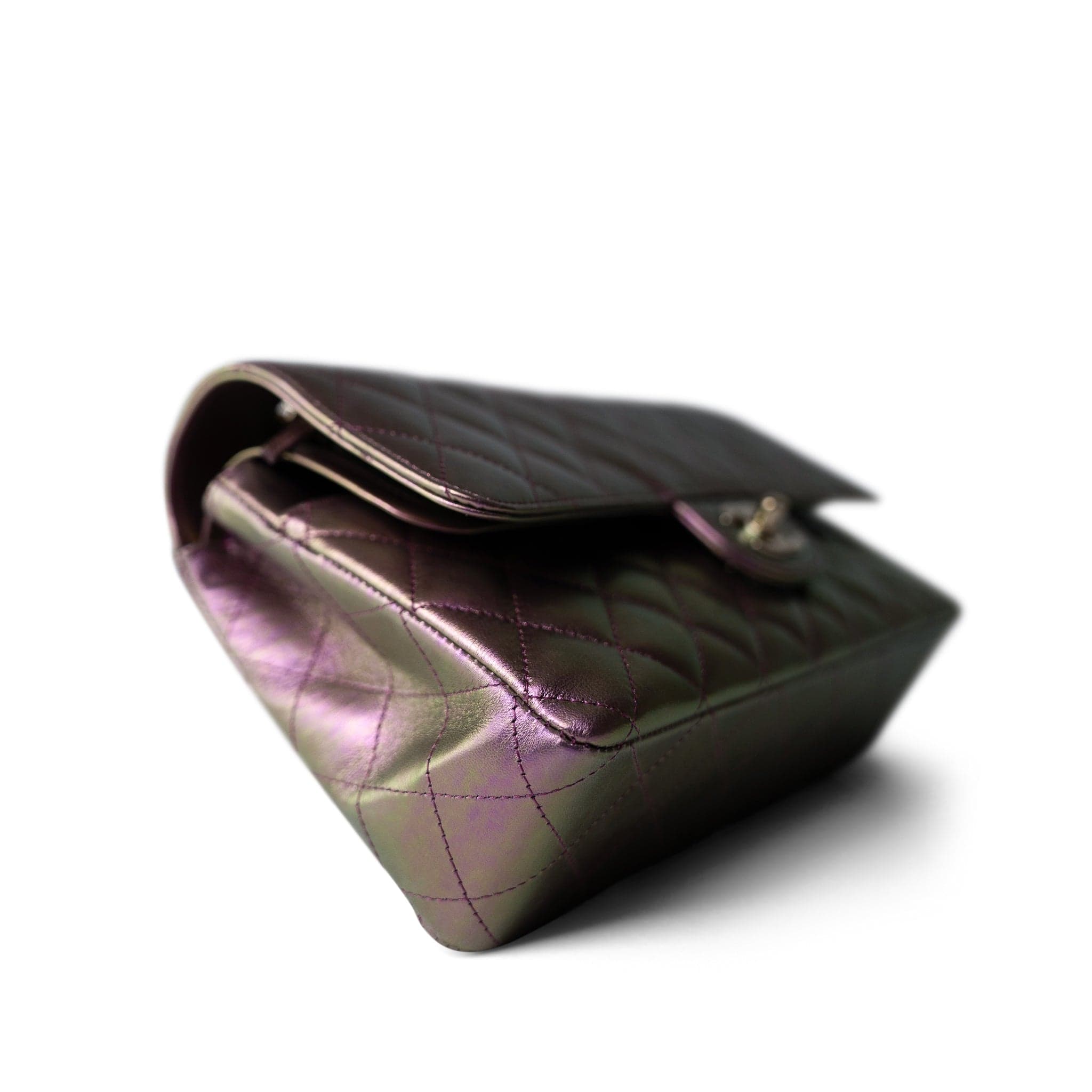 CHANEL Handbag Purple 20B Iridescent Purple Calfskin Quilted Classic Flap Light Gold Hardware - Redeluxe