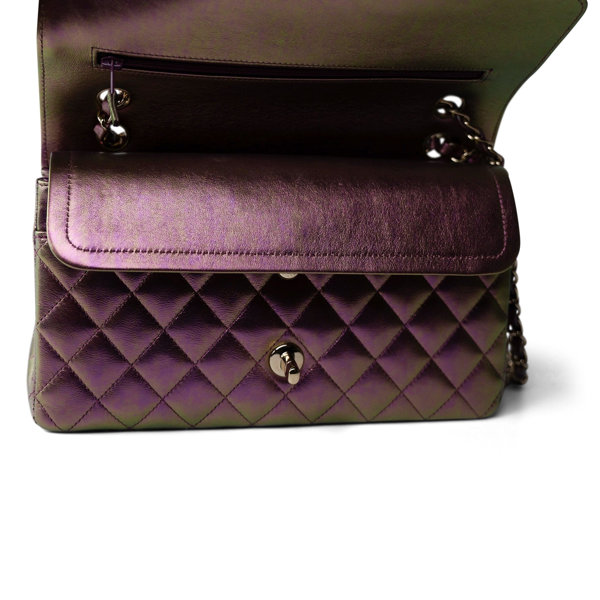 CHANEL Handbag Purple 20B Iridescent Purple Calfskin Quilted Classic Flap Light Gold Hardware - Redeluxe