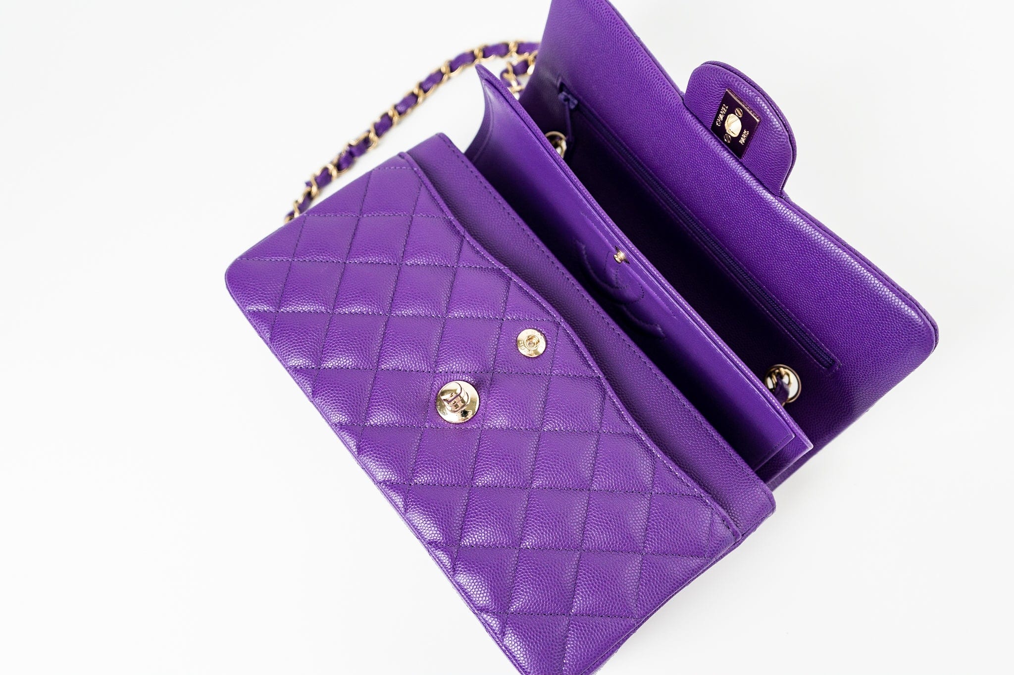 CHANEL Handbag Purple 22A Purple Caviar Quilted Small Classic Flap Light Gold Hardware - Redeluxe