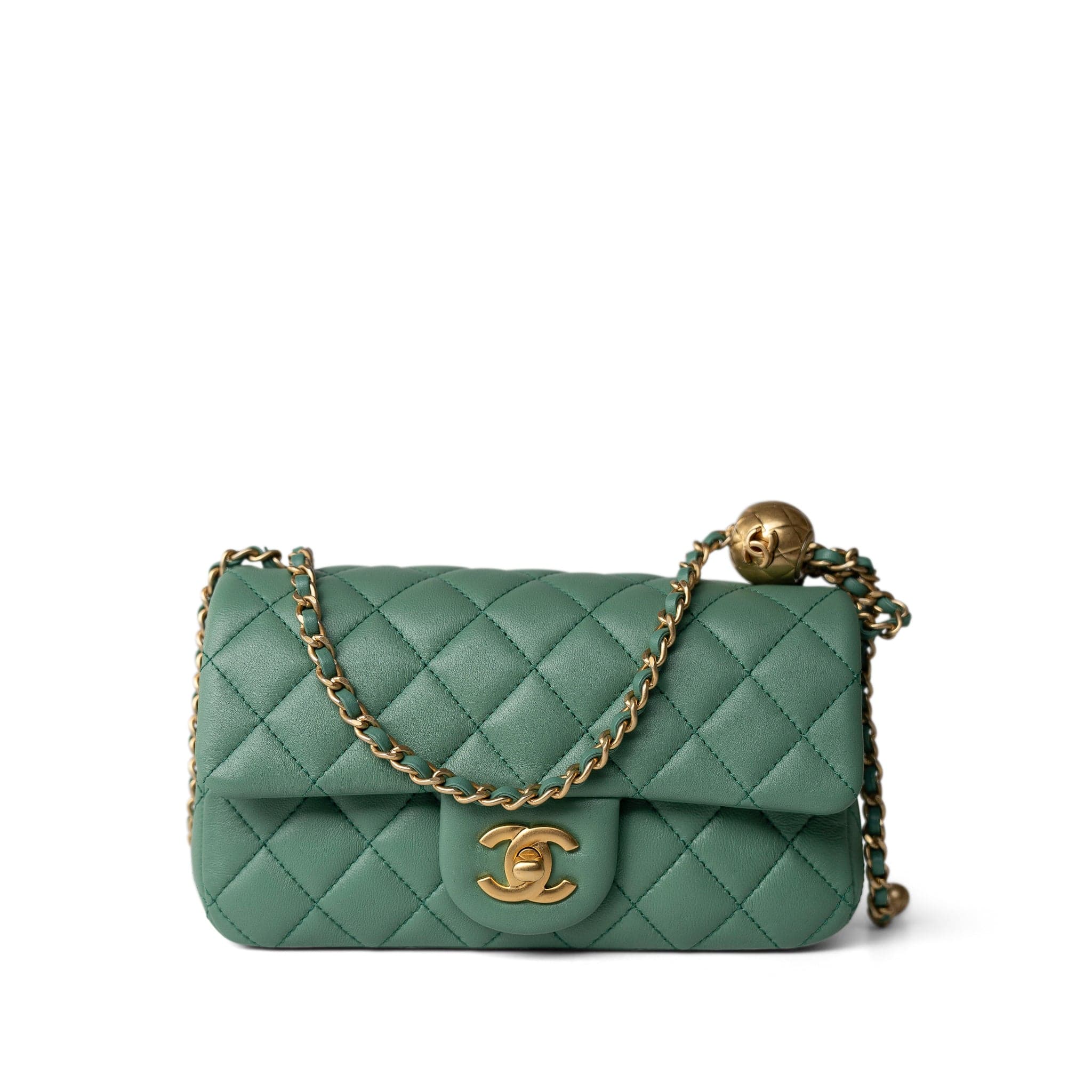23C Green Lambskin Quilted Mini Pearl Crush Antique Gold Hardware