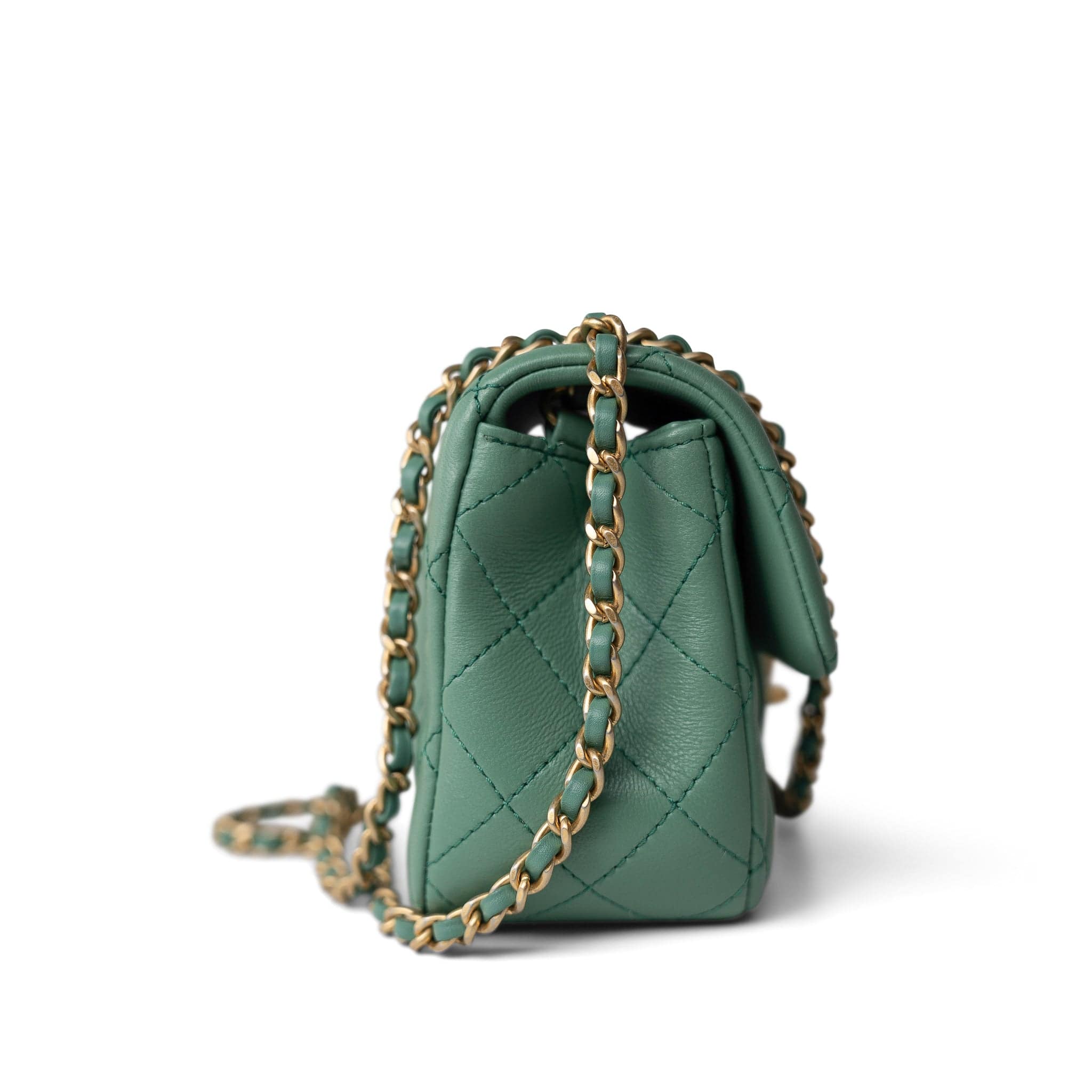 23C Green Lambskin Quilted Mini Pearl Crush Antique Gold Hardware