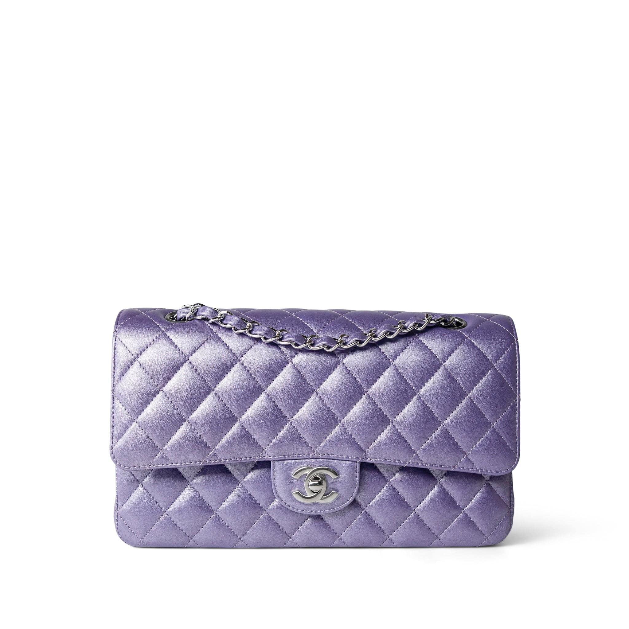 23P Metallic Purple Lambskin Quilted Classic Flap Medium Silver