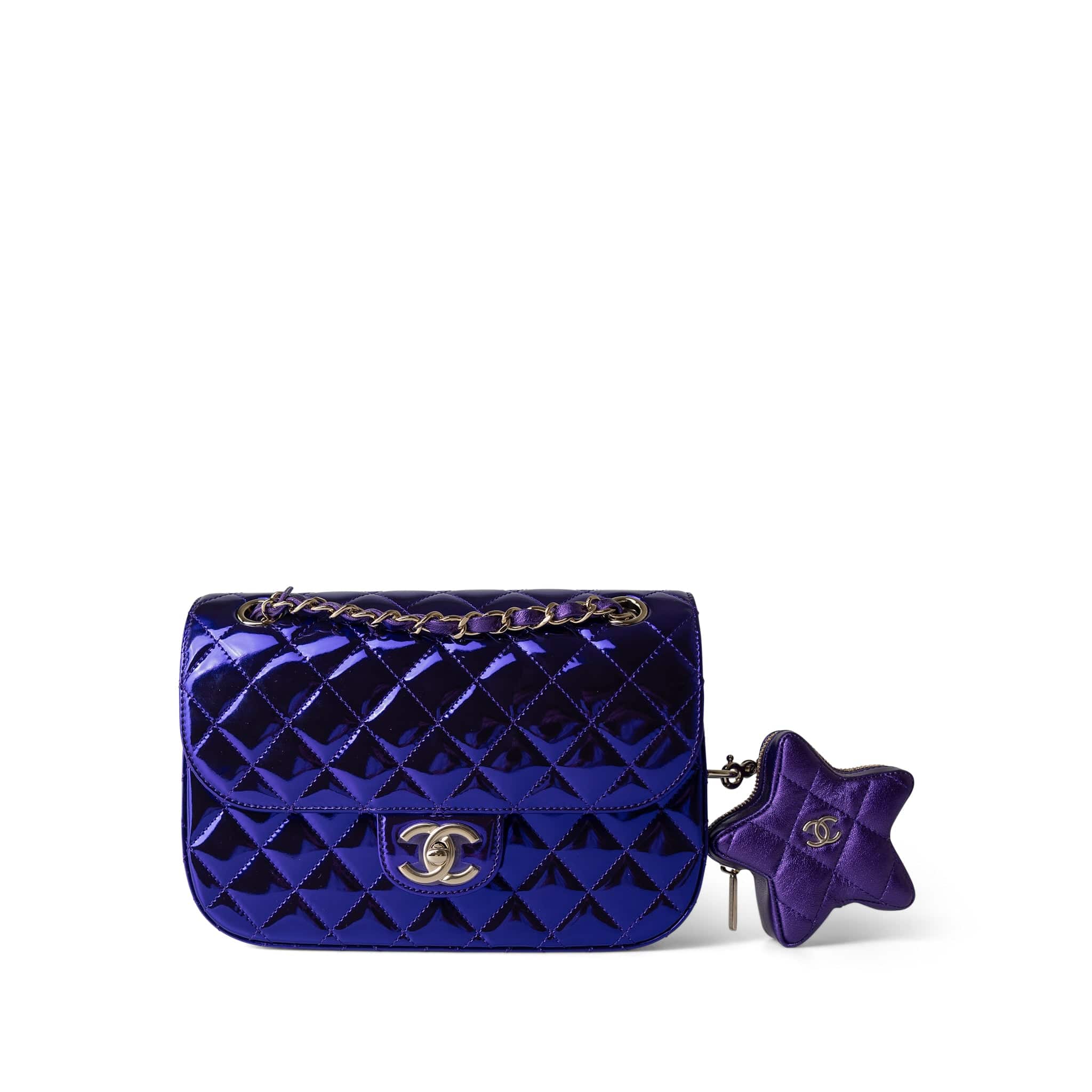 CHANEL Handbag Purple 24C Shiny Purple Calfskin Quilted Flap Bag & Coin Purse - Redeluxe