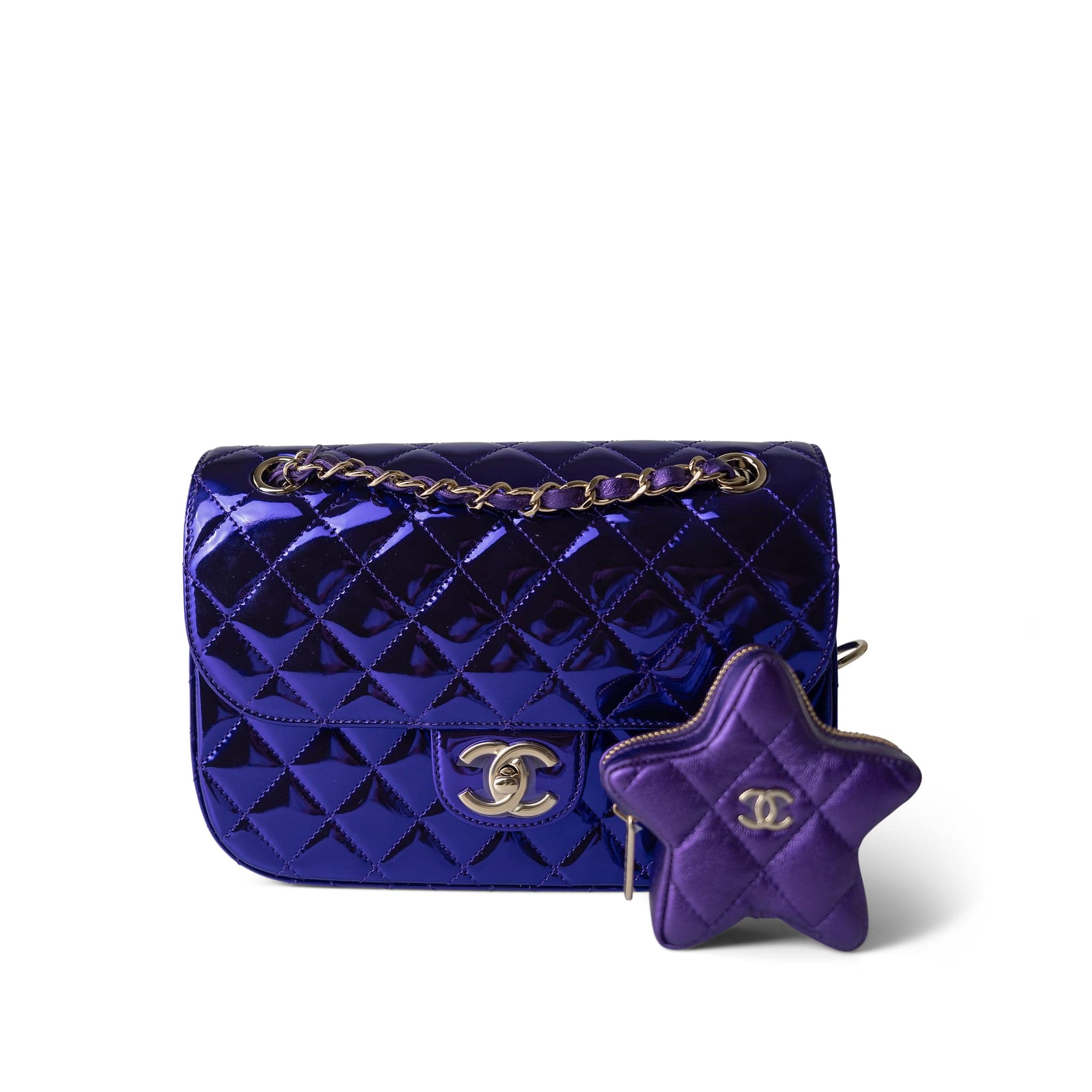 CHANEL Handbag Purple 24C Shiny Purple Calfskin Quilted Flap Bag & Coin Purse - Redeluxe