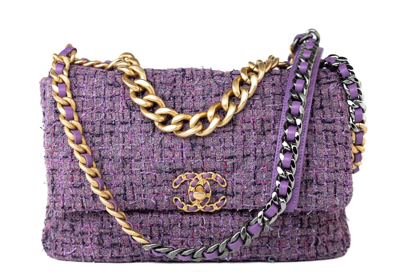 CHANEL Handbag Purple Tweed Quilted 19 Flap Large Mixed Hardware - Redeluxe