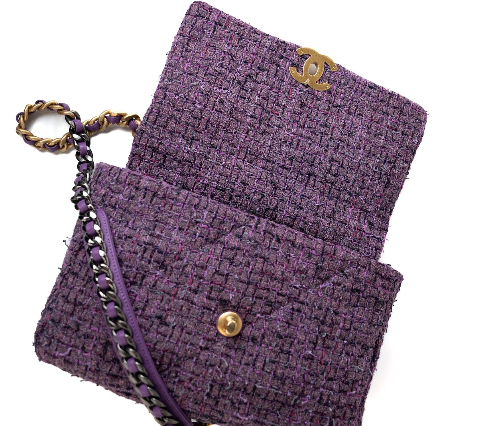 CHANEL Handbag Purple Tweed Quilted 19 Flap Large Mixed Hardware - Redeluxe