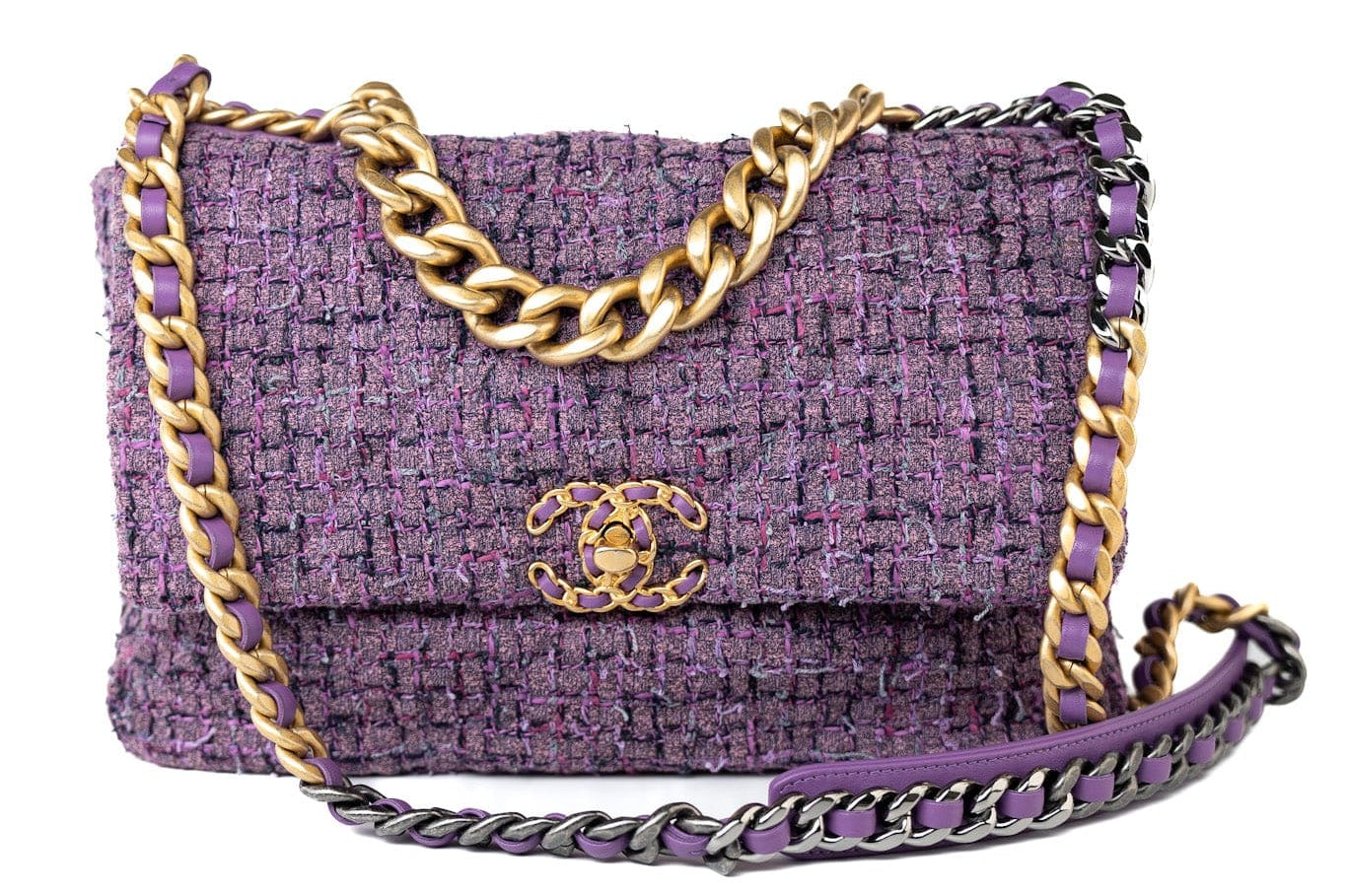 CHANEL Handbag Purple Tweed Quilted 19 Flap Large Mixed Hardware - Redeluxe