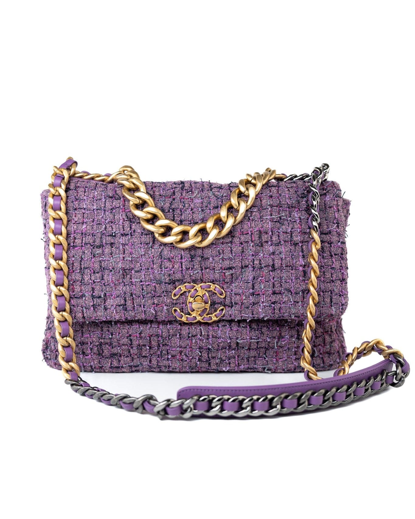 CHANEL Handbag Purple Tweed Quilted 19 Flap Large Mixed Hardware - Redeluxe