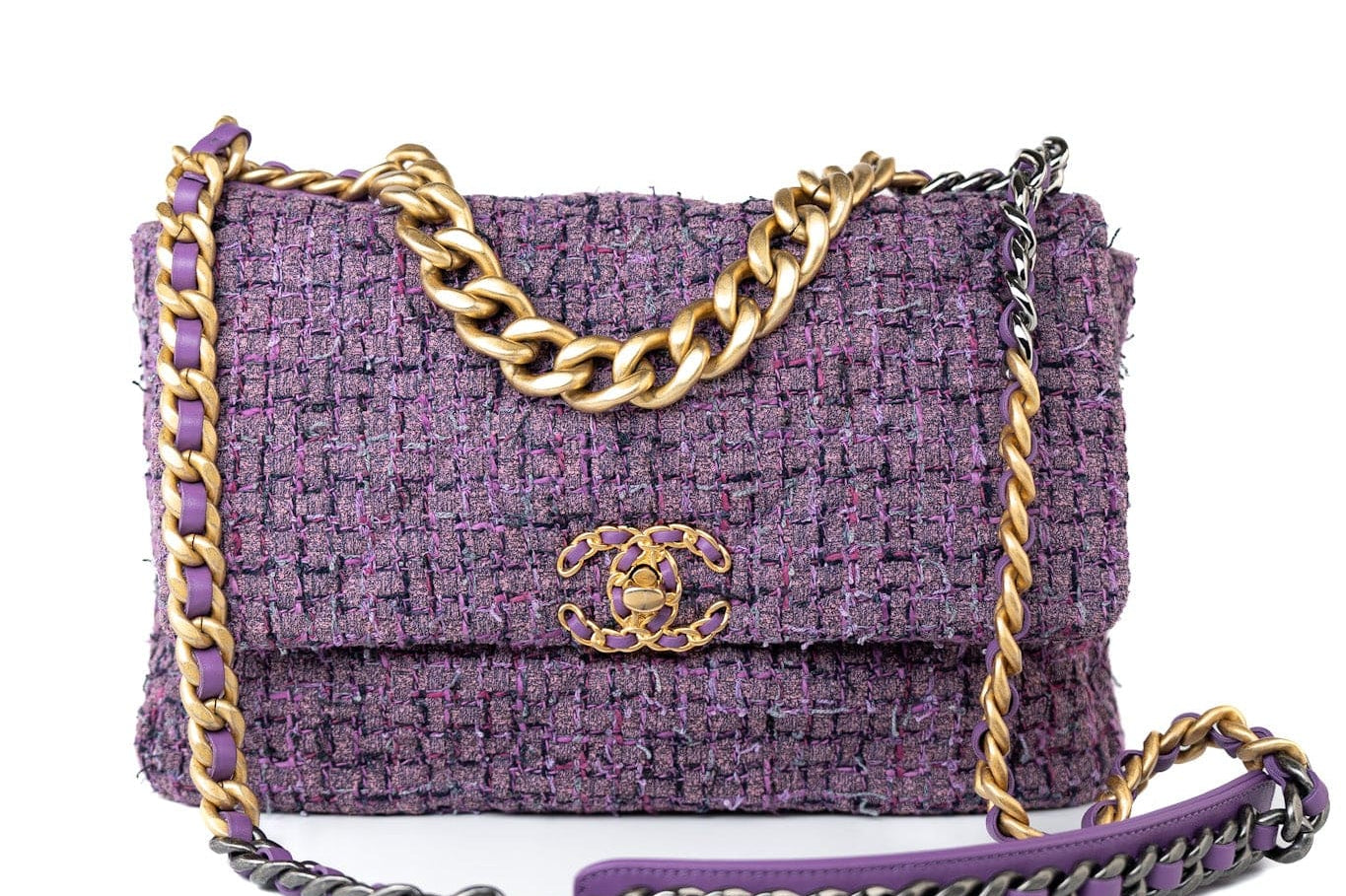 CHANEL Handbag Purple Tweed Quilted 19 Flap Large Mixed Hardware - Redeluxe
