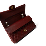 CHANEL Handbag Red 18C Dark Red Glittery Caviar Quilted Classic Flap Aged Gold Hardware - Redeluxe