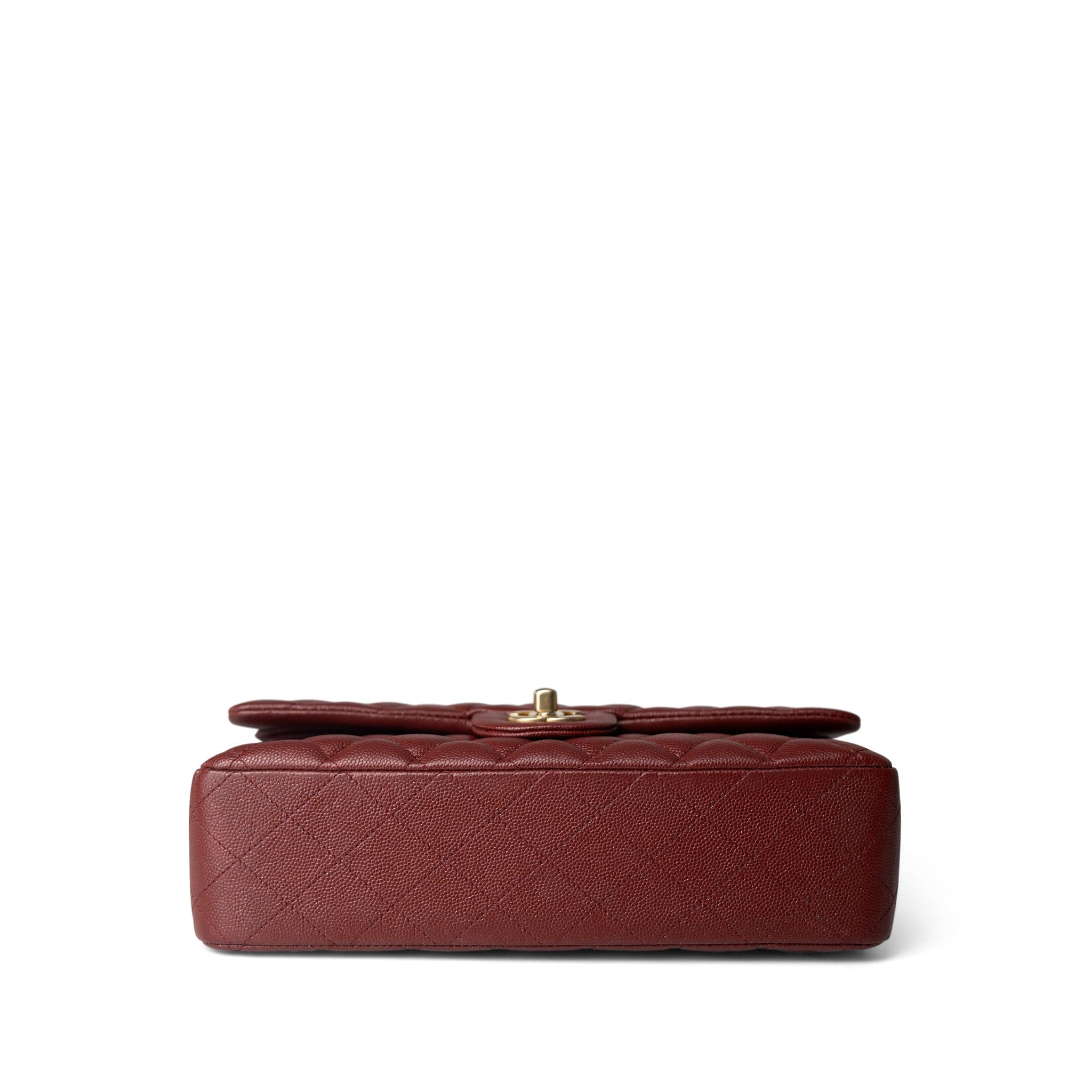 CHANEL Handbag Red 18C Dark Red Glittery Caviar Quilted Classic Flap Aged Gold Hardware - Redeluxe