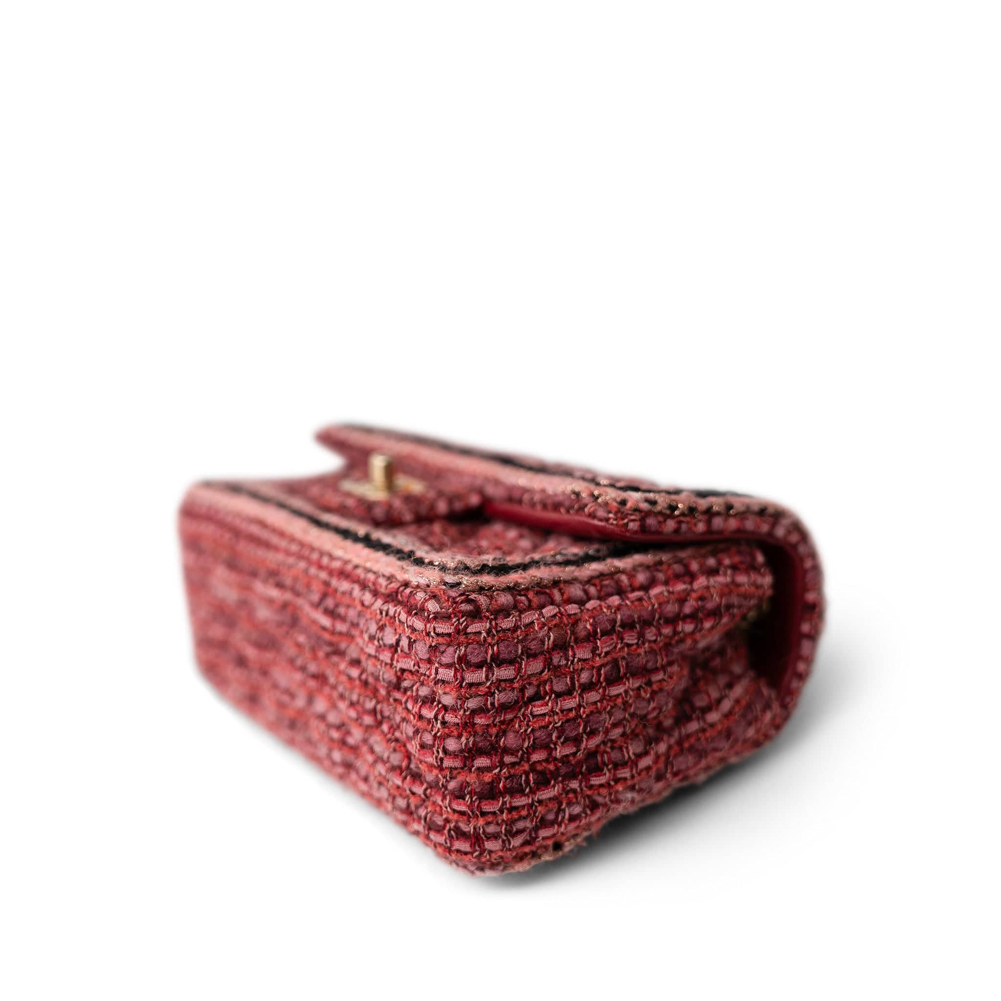 CHANEL Handbag Red Braided Red / Multicolor Tweed Mini Rectangular Flap Aged Gold Hardware - Redeluxe