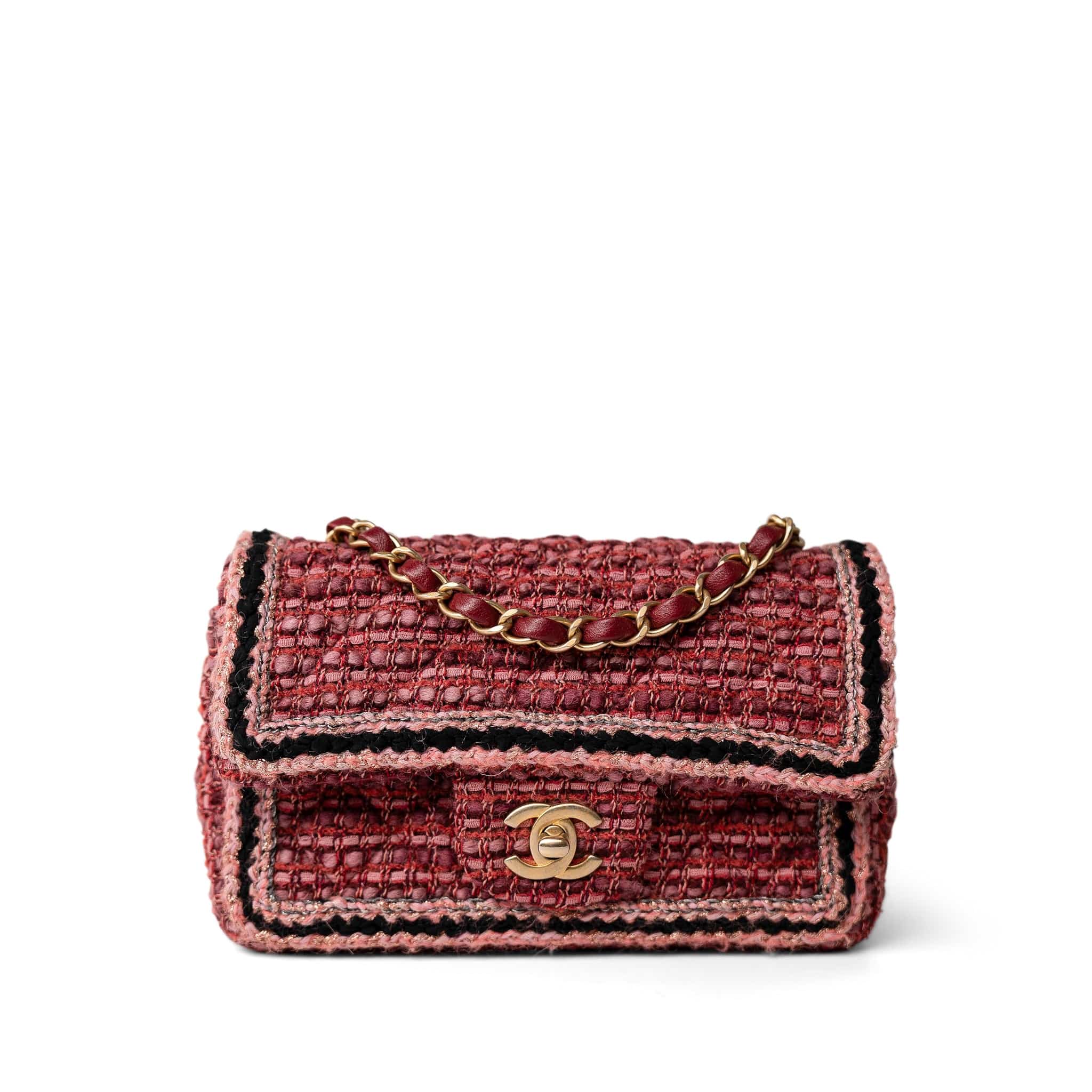 CHANEL Handbag Red Braided Red / Multicolor Tweed Mini Rectangular Flap Aged Gold Hardware - Redeluxe