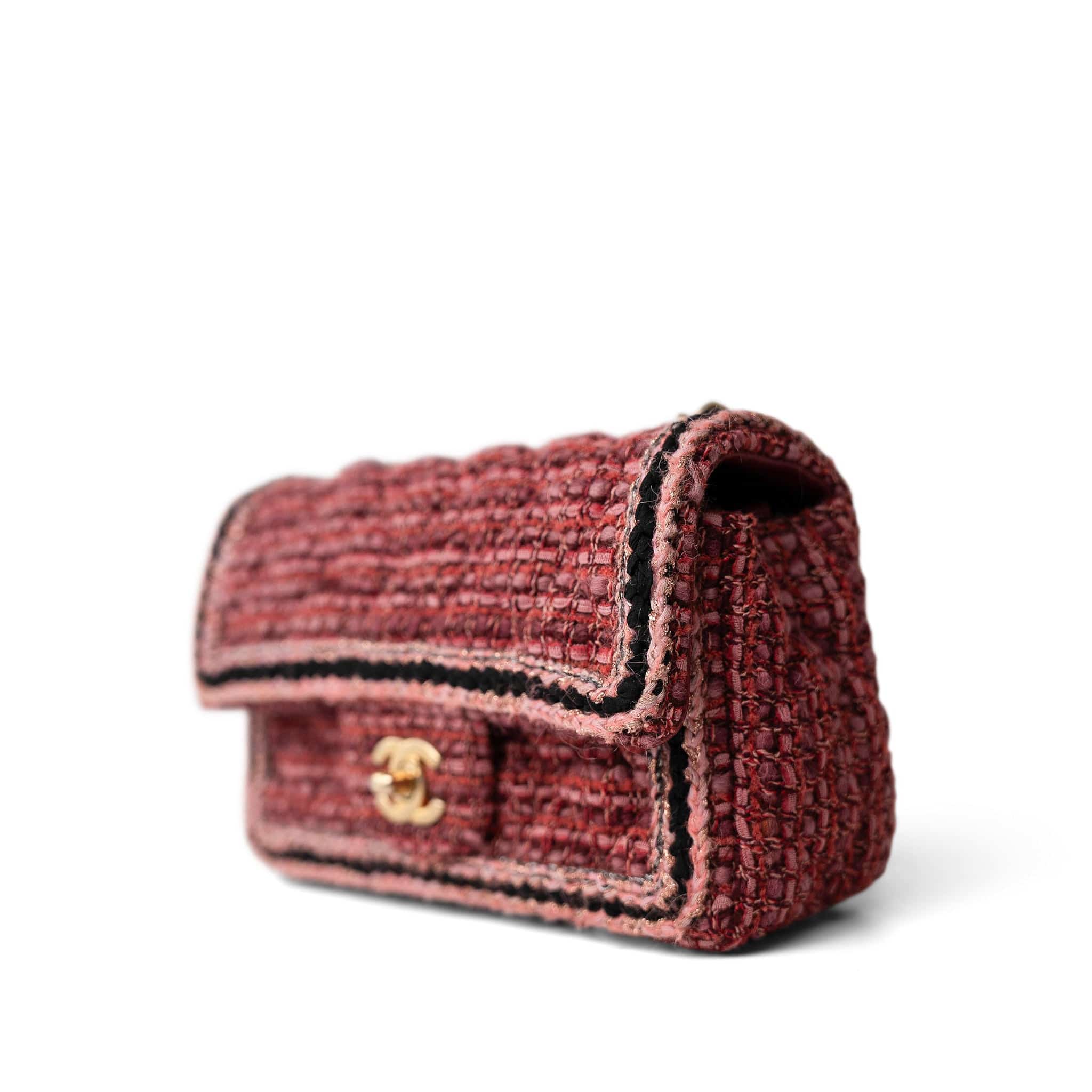 CHANEL Handbag Red Braided Red / Multicolor Tweed Mini Rectangular Flap Aged Gold Hardware - Redeluxe