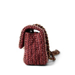 CHANEL Handbag Red Braided Red / Multicolor Tweed Mini Rectangular Flap Aged Gold Hardware - Redeluxe