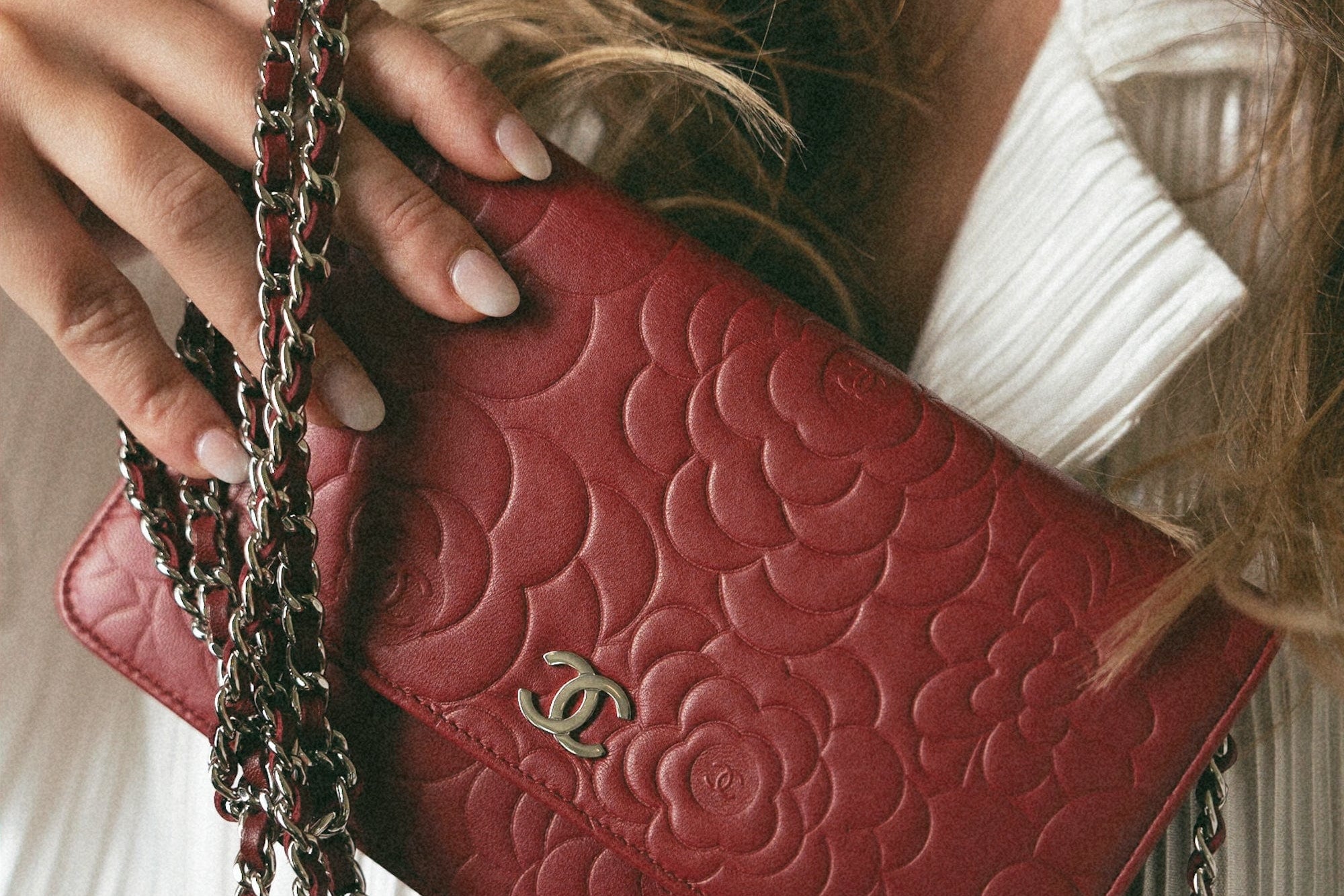 CHANEL Handbag Red Dark Red Camellia Lambskin Wallet on Chain Silver Hardware - Redeluxe