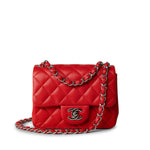 CHANEL Handbag Red Lambskin Quilted Mini Square Flap Silver Hardware - Redeluxe