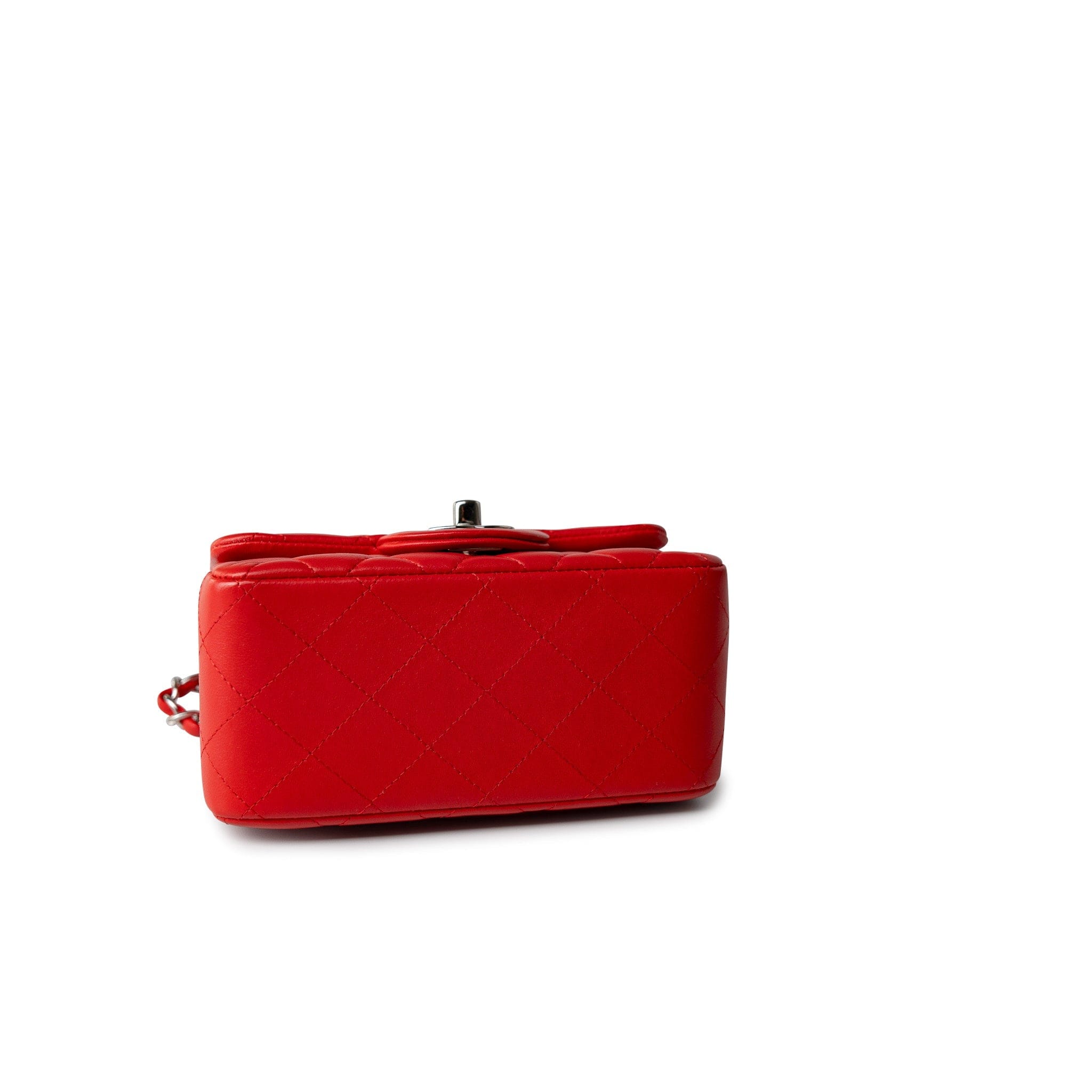 CHANEL Handbag Red Lambskin Quilted Mini Square Flap Silver Hardware - Redeluxe