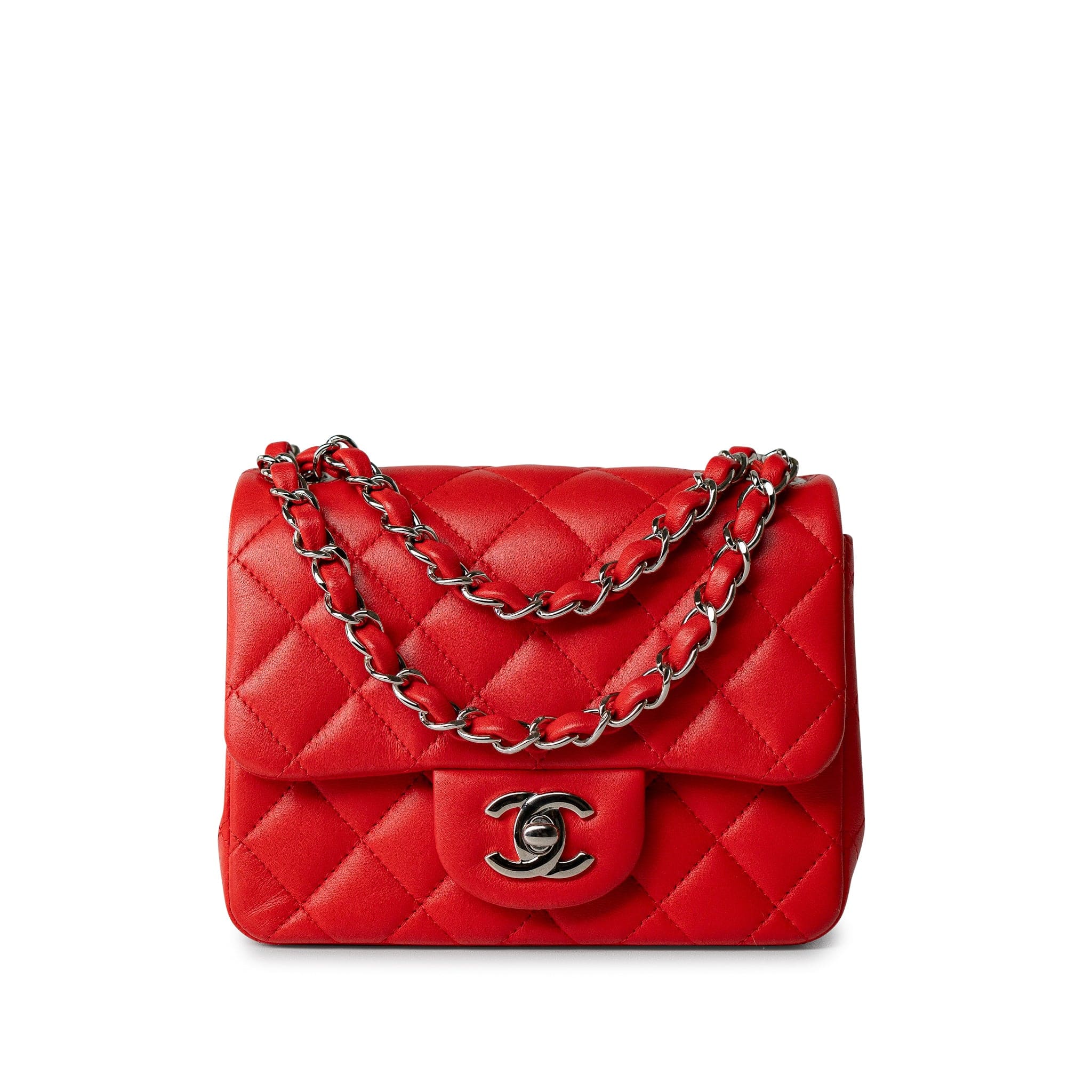 CHANEL Handbag Red Lambskin Quilted Mini Square Flap Silver Hardware - Redeluxe