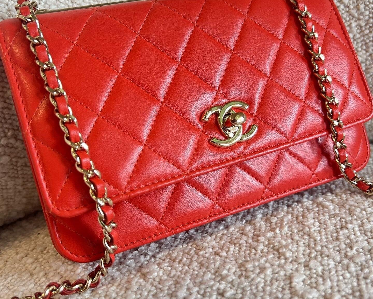CHANEL Handbag Red Lambskin Quilted Trendy CC Wallet on Chain (WOC) - Redeluxe