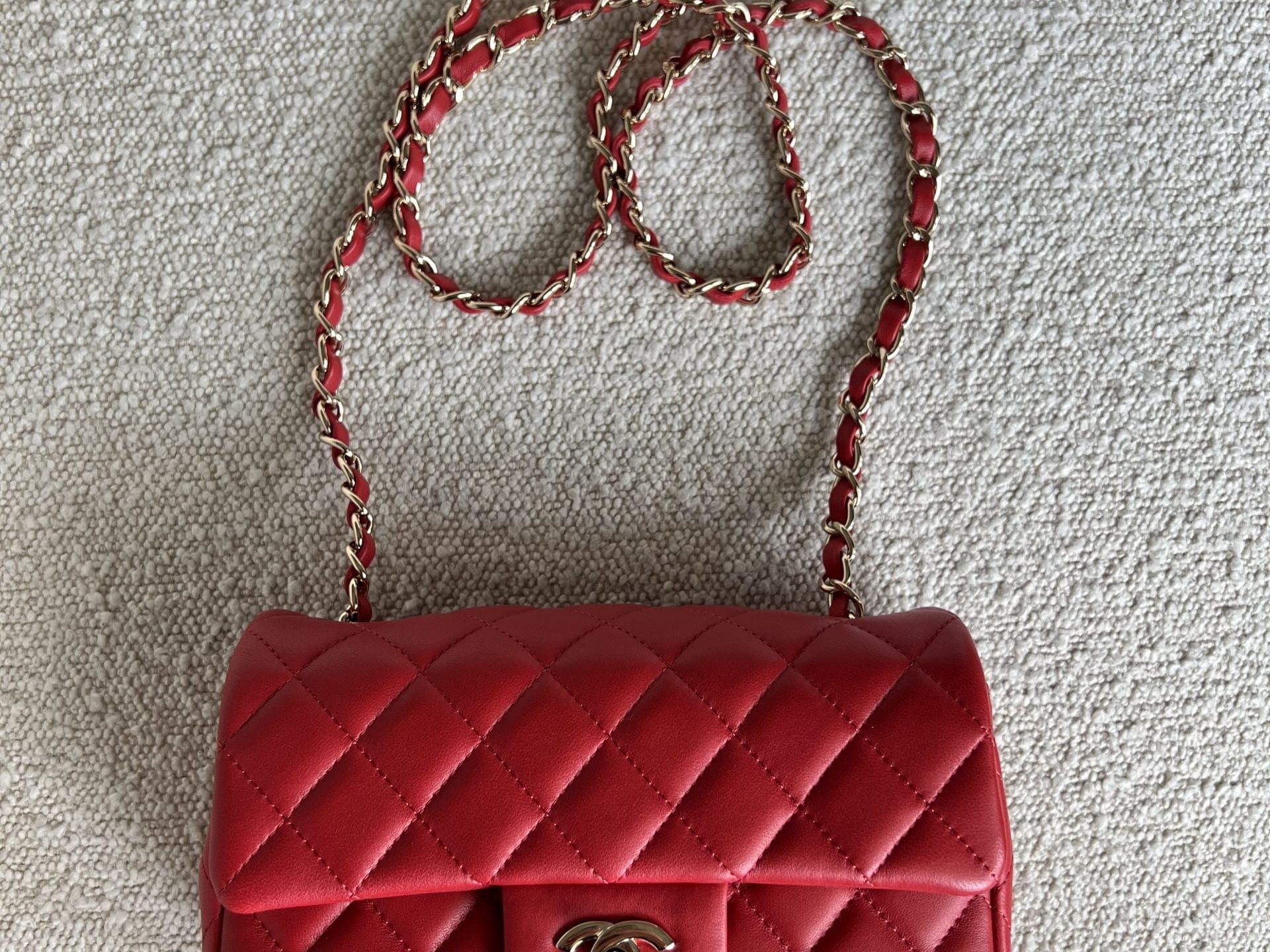 CHANEL Handbag Red Mini Rectangular Lambskin Quilted LGHW - Redeluxe