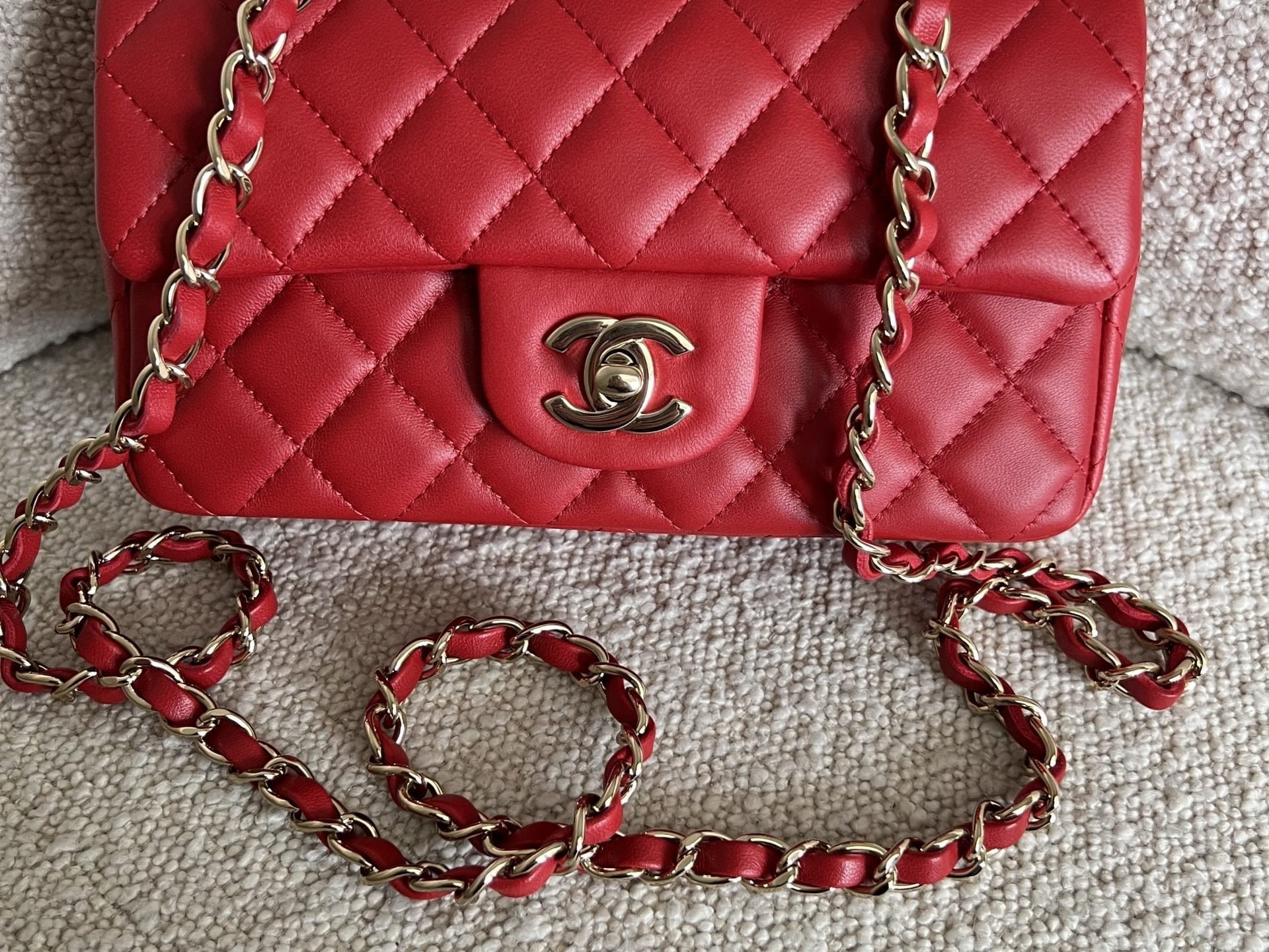 CHANEL Handbag Red Mini Rectangular Lambskin Quilted LGHW - Redeluxe