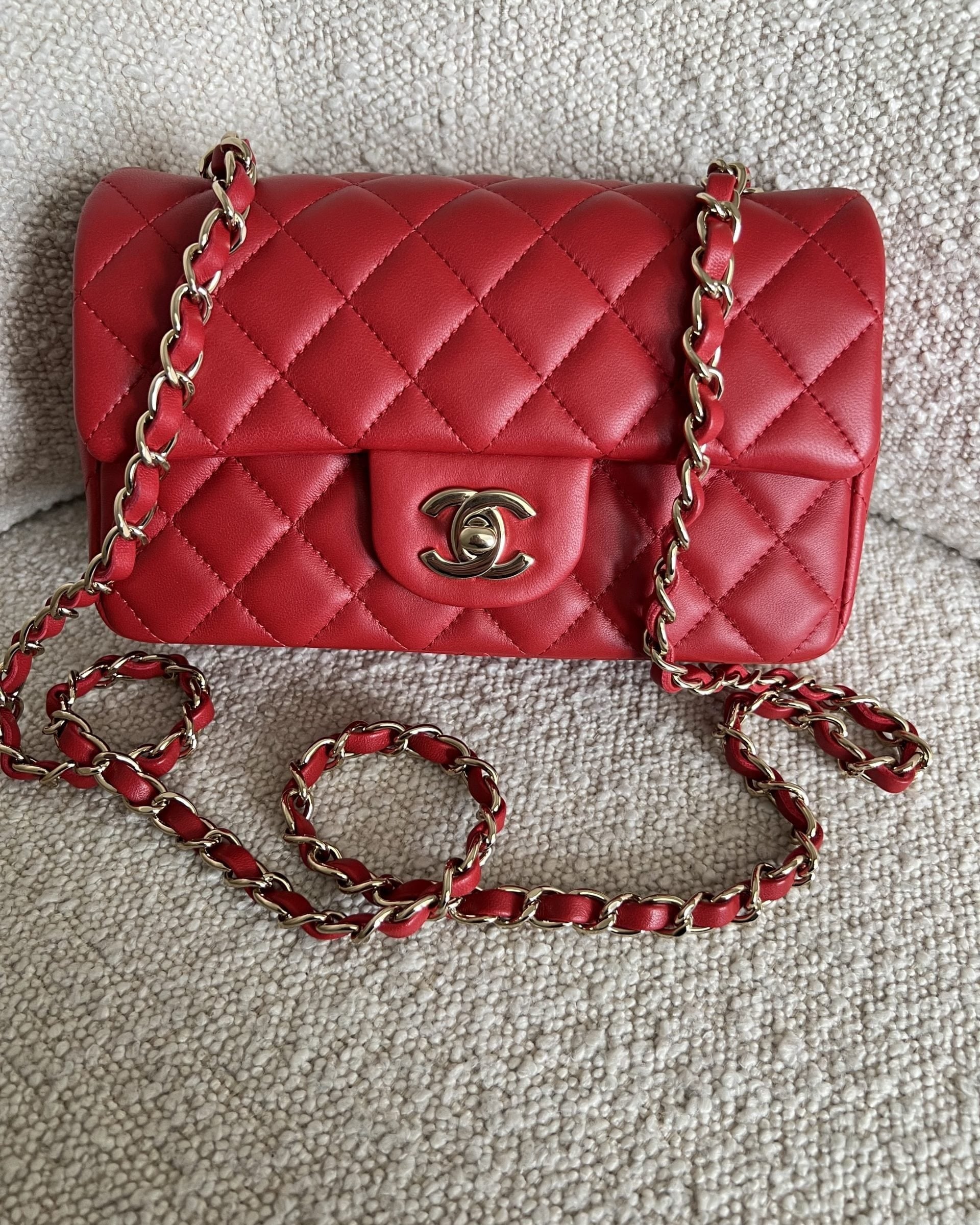 CHANEL Handbag Red Mini Rectangular Lambskin Quilted LGHW - Redeluxe