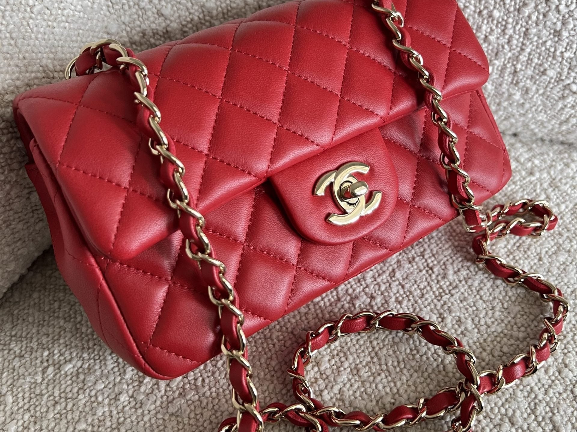CHANEL Handbag Red Mini Rectangular Lambskin Quilted LGHW - Redeluxe