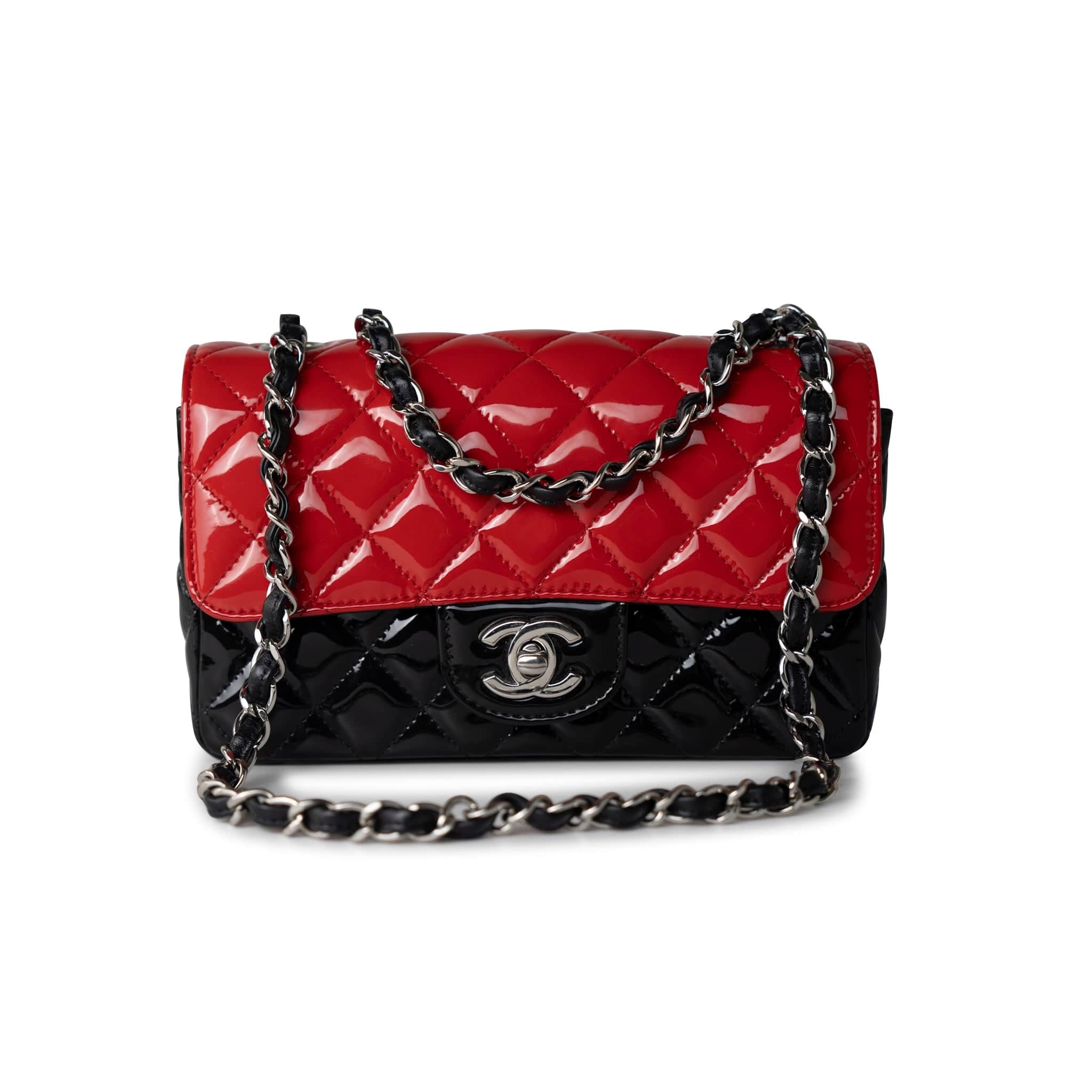 CHANEL Handbag Red Red | Black Patent Quilted Mini rectangular Single Flap Silver Hardware - Redeluxe