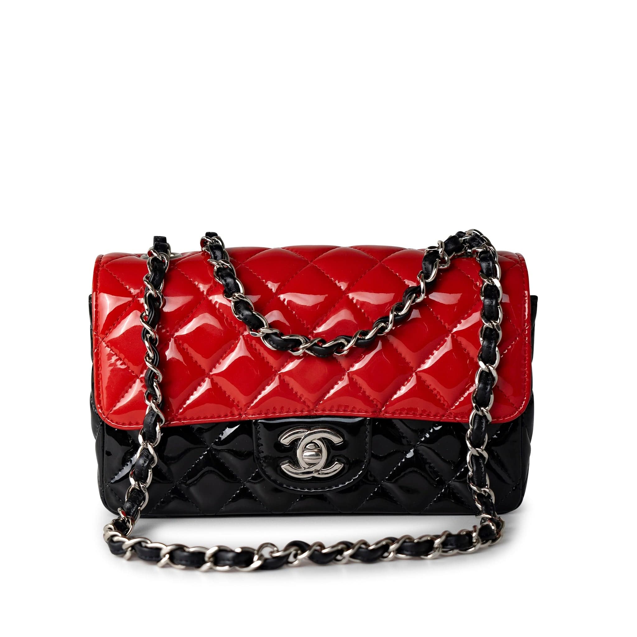 CHANEL Handbag Red Red | Black Patent Quilted Mini rectangular Single Flap Silver Hardware - Redeluxe