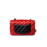 CHANEL Handbag Red Red | Black Patent Quilted Mini rectangular Single Flap Silver Hardware - Redeluxe