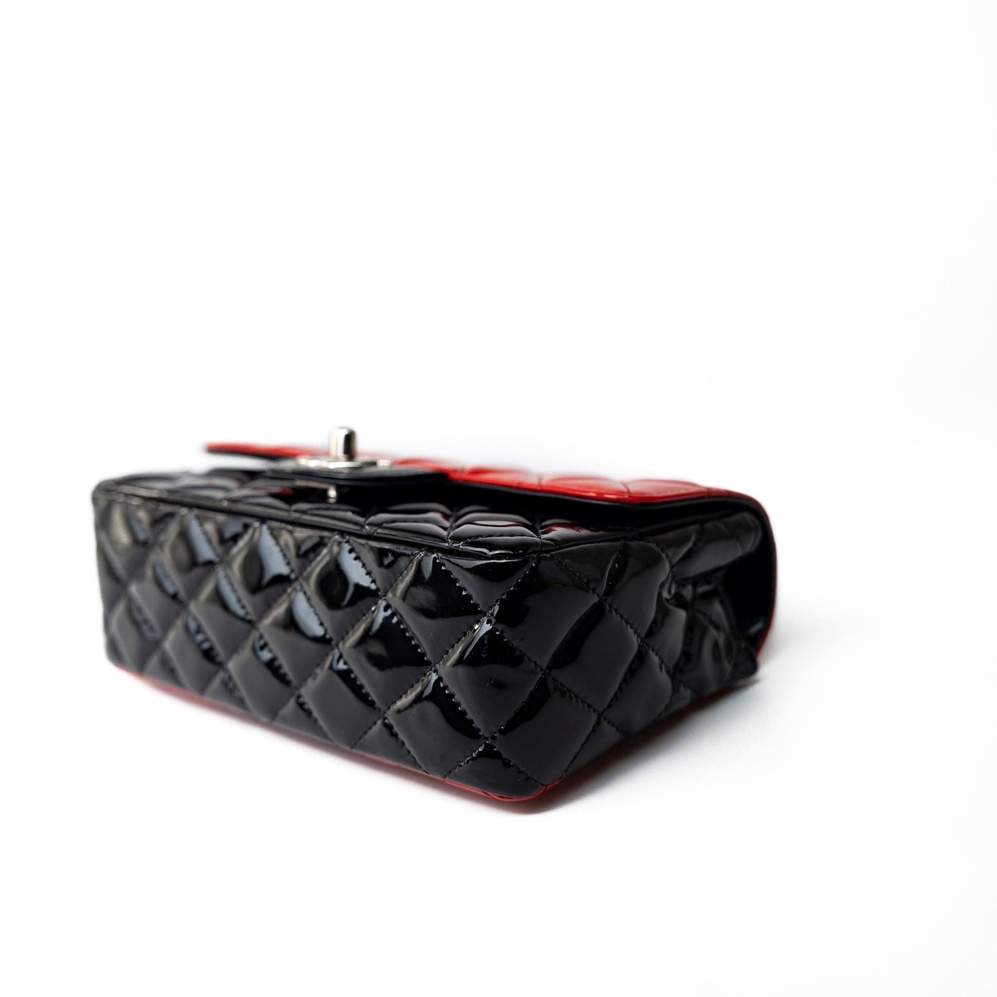 CHANEL Handbag Red Red | Black Patent Quilted Mini rectangular Single Flap Silver Hardware - Redeluxe