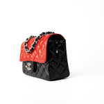 CHANEL Handbag Red Red | Black Patent Quilted Mini rectangular Single Flap Silver Hardware - Redeluxe