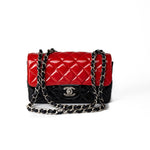CHANEL Handbag Red Red | Black Patent Quilted Mini rectangular Single Flap Silver Hardware - Redeluxe