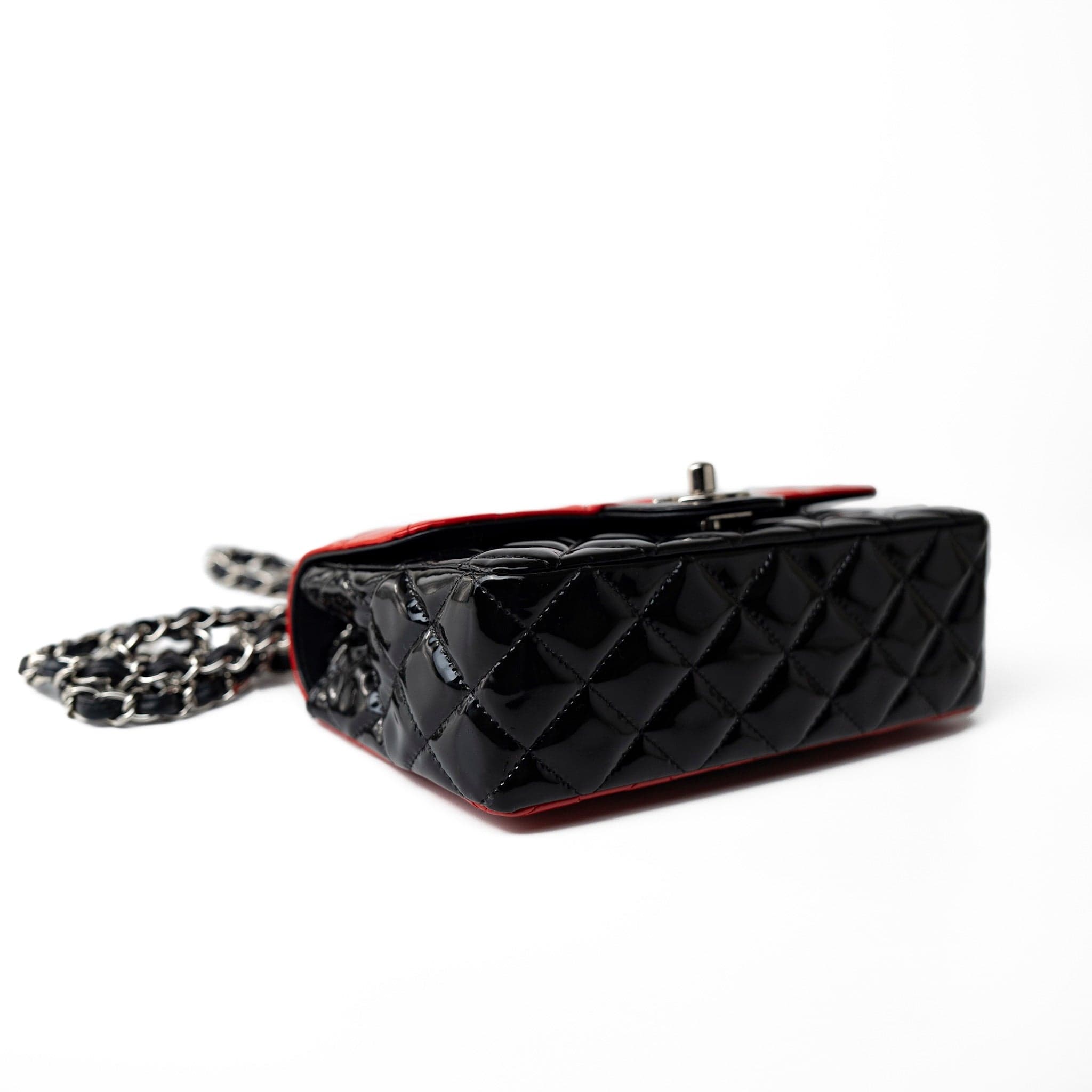 CHANEL Handbag Red Red | Black Patent Quilted Mini rectangular Single Flap Silver Hardware - Redeluxe