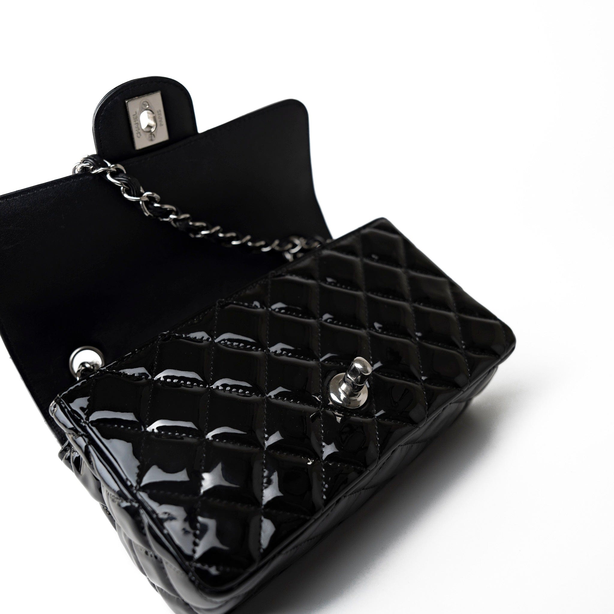 CHANEL Handbag Red Red | Black Patent Quilted Mini rectangular Single Flap Silver Hardware - Redeluxe