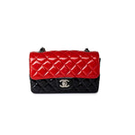 CHANEL Handbag Red Red | Black Patent Quilted Mini rectangular Single Flap Silver Hardware - Redeluxe