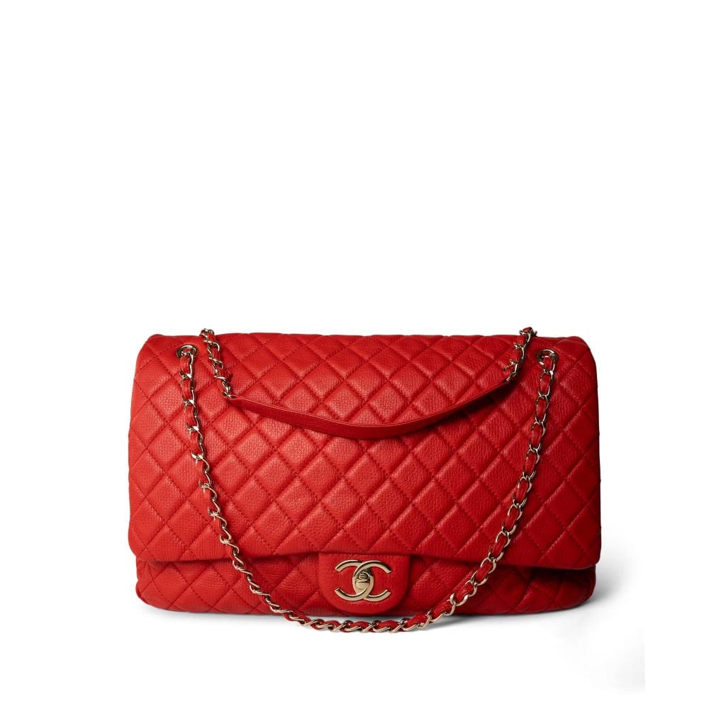 CHANEL Handbag Red Red Grained Calfskin XXL Travel Flap Bag Light Gold Hardware - Redeluxe